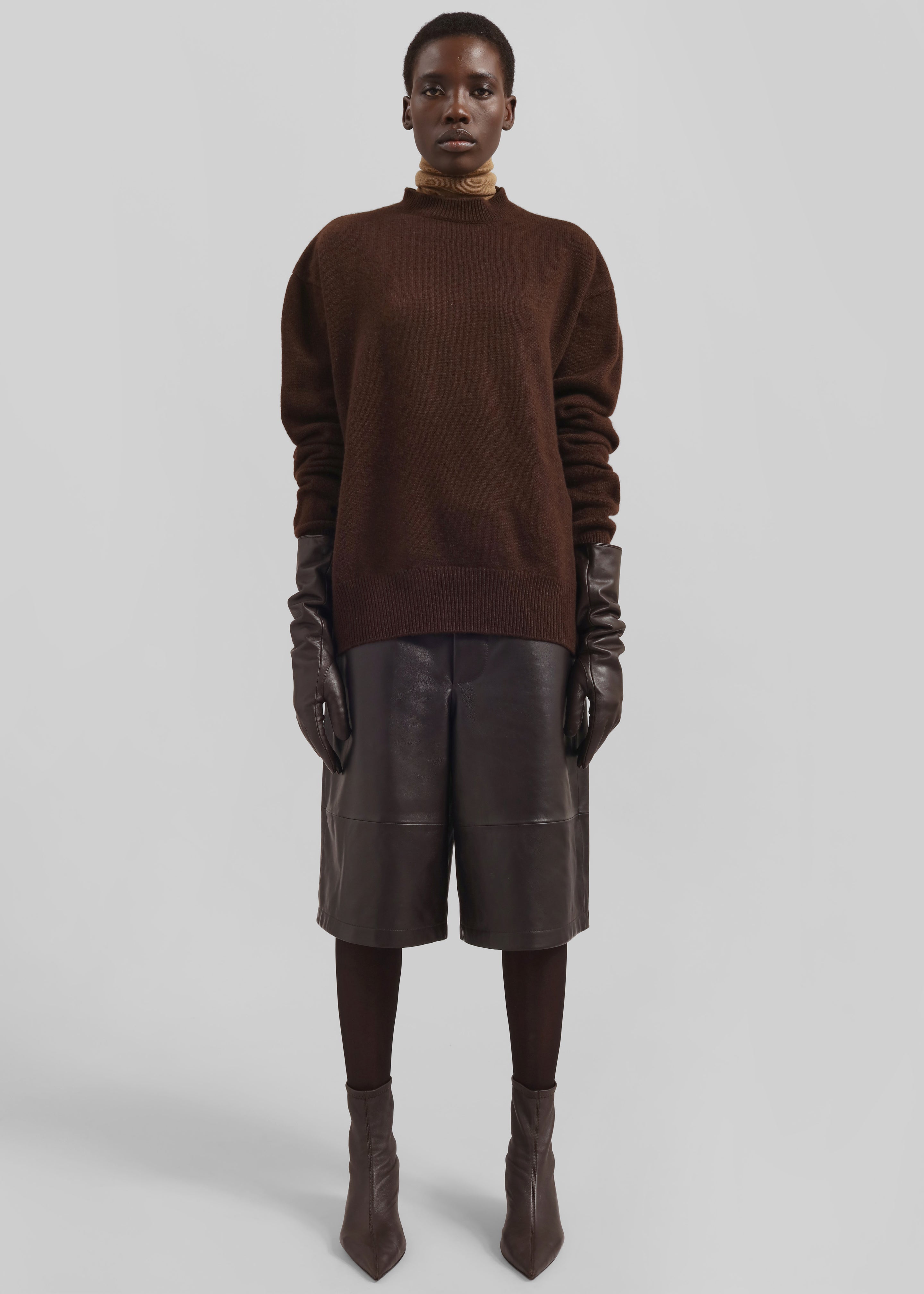 Veneto Long Leather Gloves - Dark Brown - 4