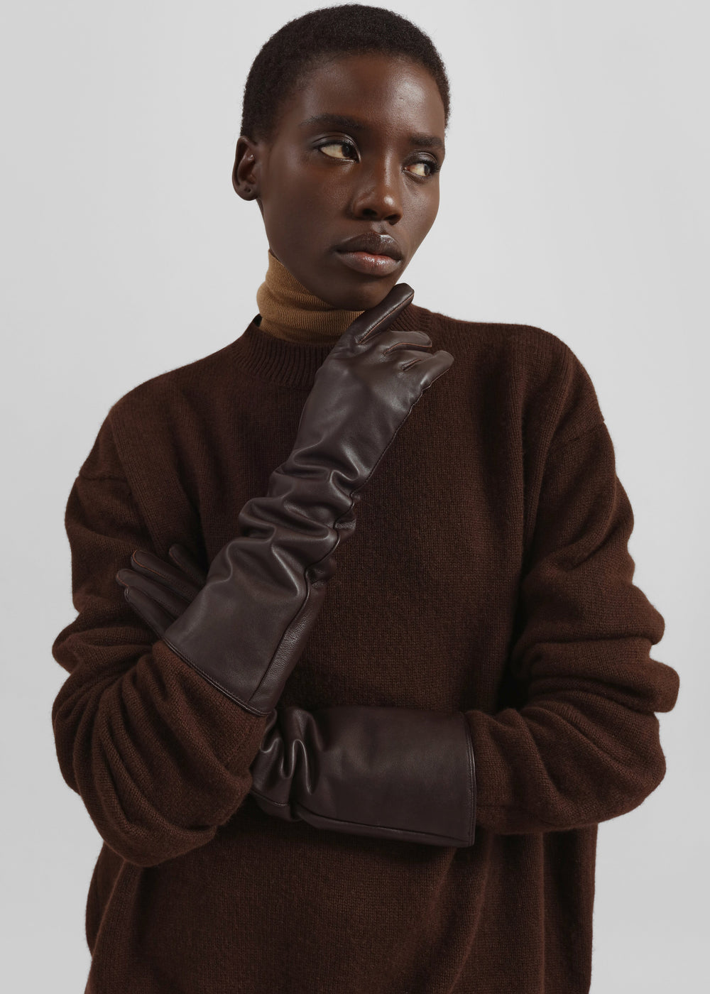 Veneto Long Leather Gloves - Dark Brown - 1