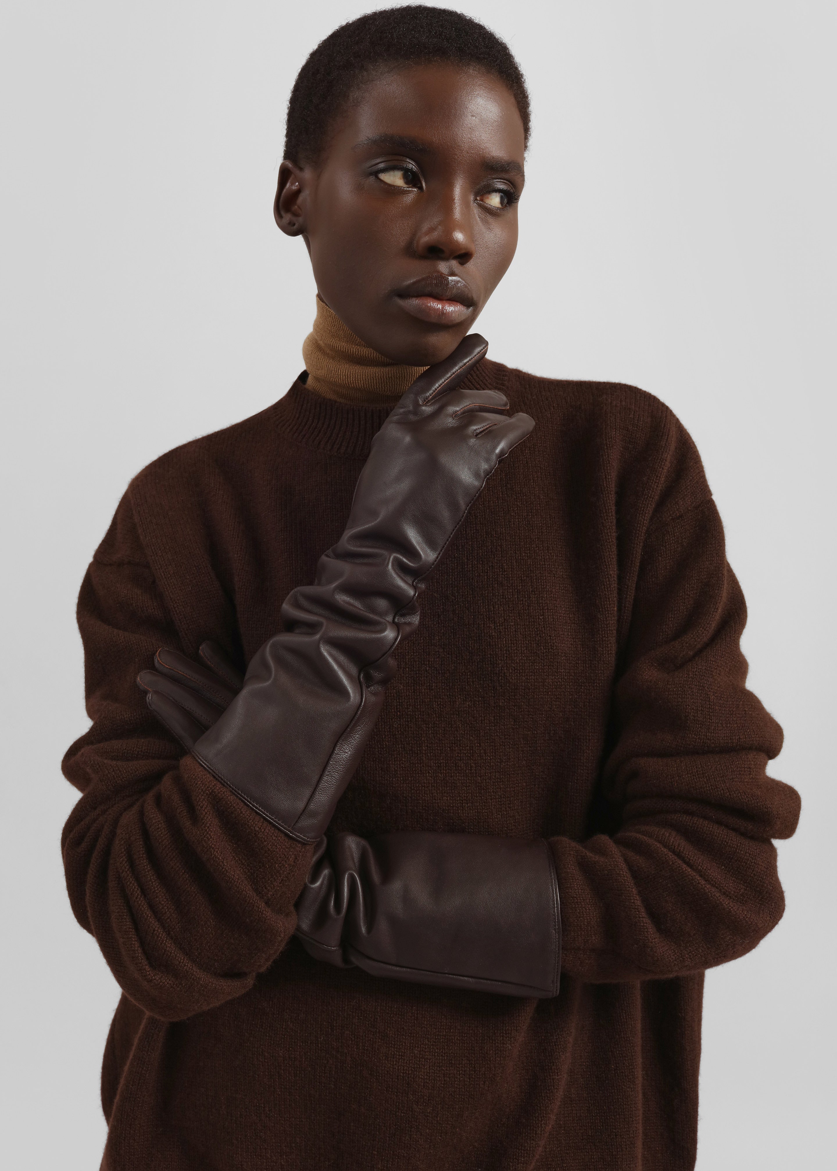 Veneto Long Leather Gloves - Dark Brown - 2