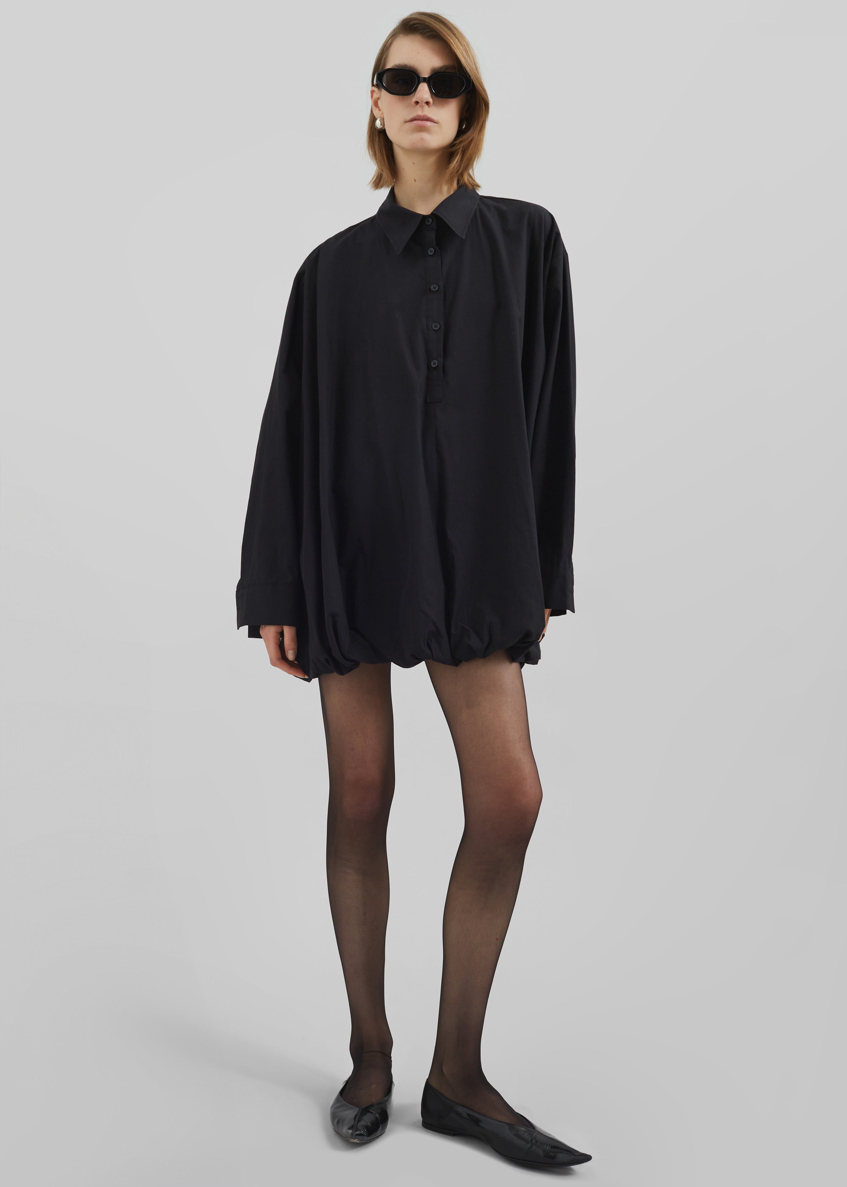 Venida Bubble Hem Shirt Dress - Black - 11