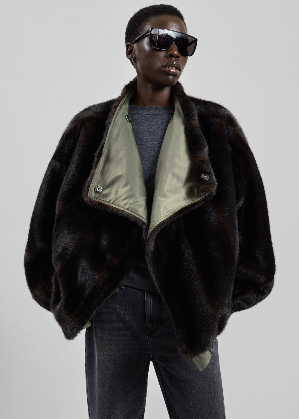 Vera Faux Fur Reversible Short Coat - Brown/Green - 1