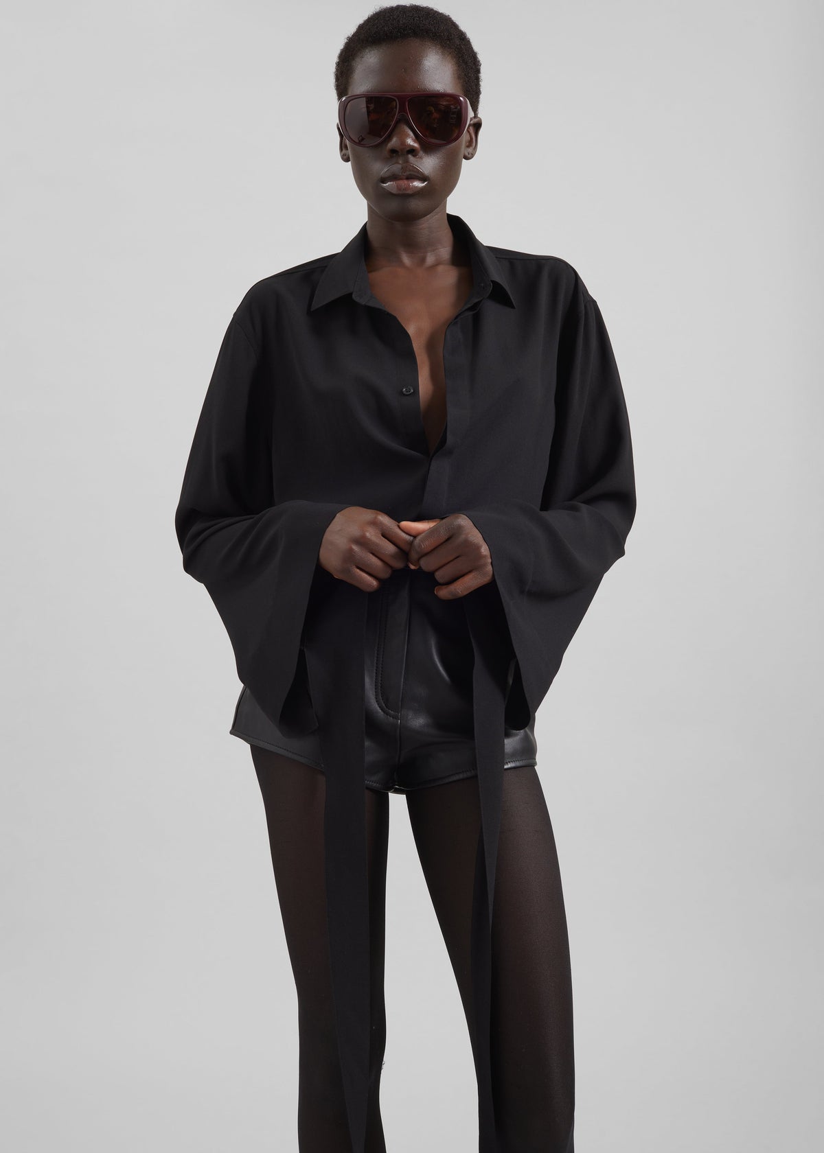 Verlin Sheer Chiffon Tie Cuff Shirt - Black - 9