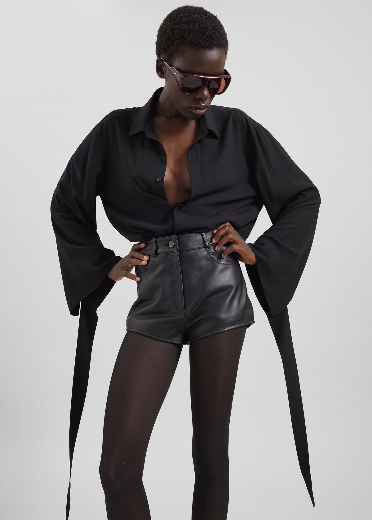 Verlin Sheer Chiffon Tie Cuff Shirt - Black - 10