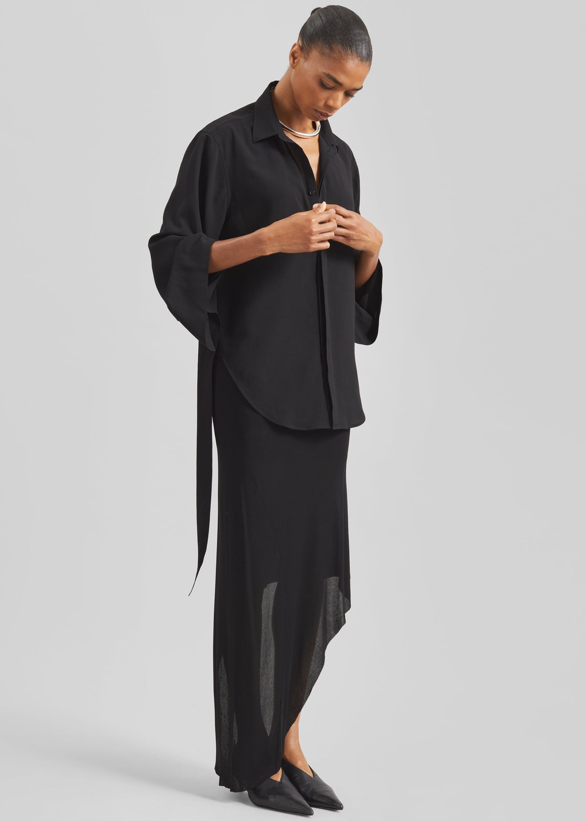 Verlin Sheer Chiffon Tie Cuff Shirt - Black - 5