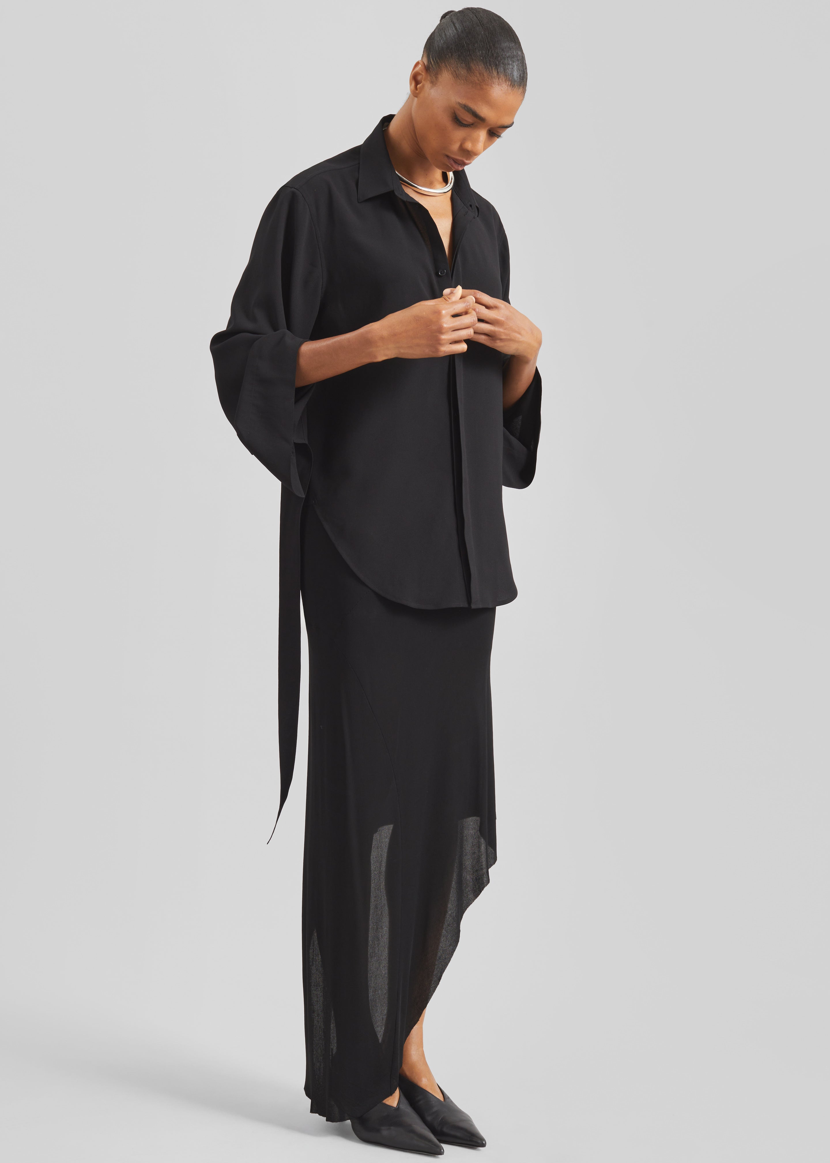 Verlin Sheer Chiffon Tie Cuff Shirt - Black - 5