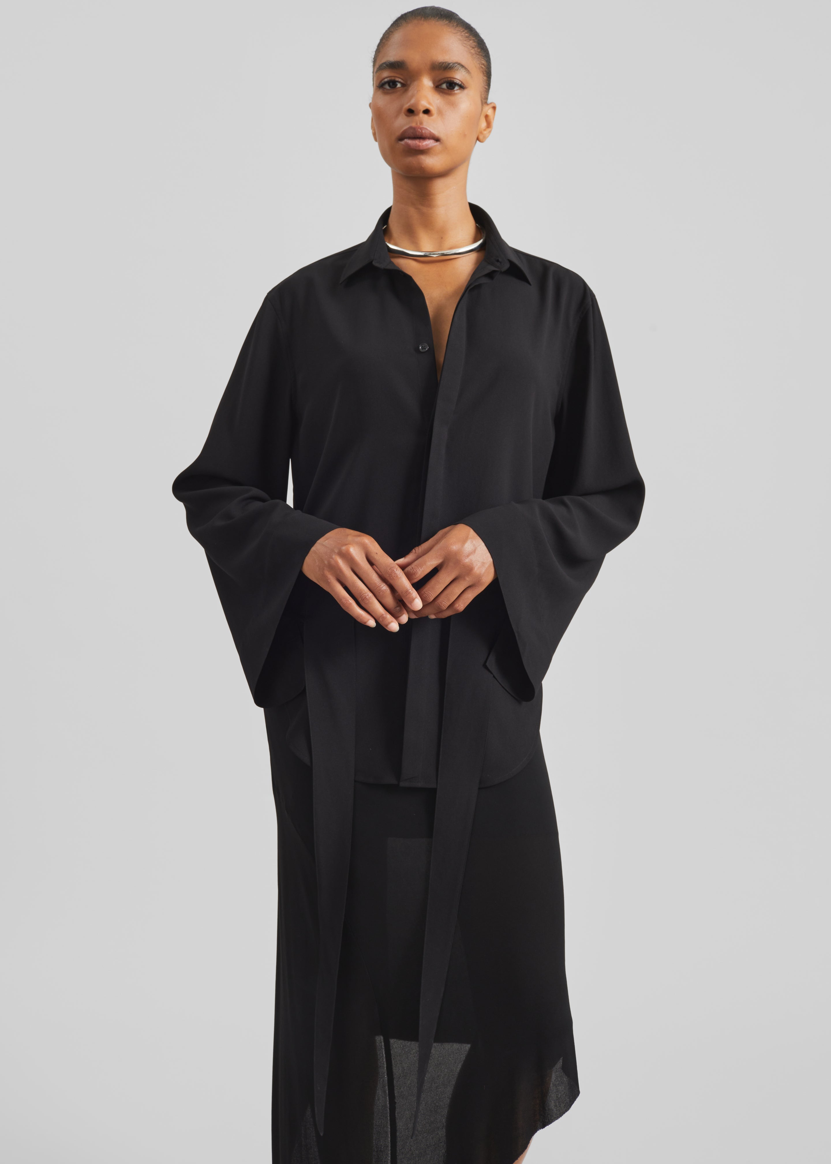 Verlin Sheer Chiffon Tie Cuff Shirt - Black - 2