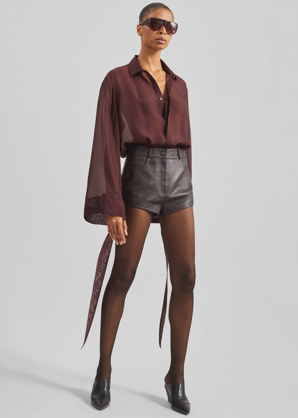Verlin Sheer Chiffon Tie Cuff Shirt - Burgundy - 3