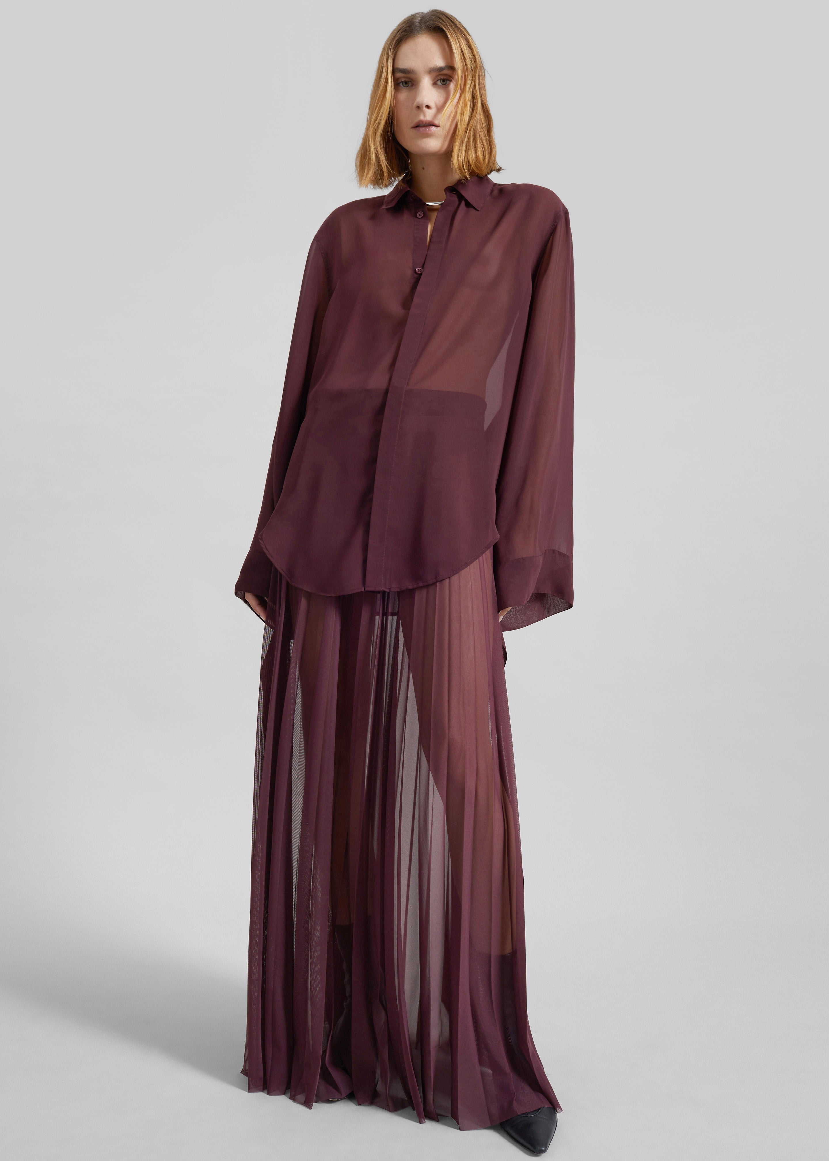 Verlin Sheer Chiffon Tie Cuff Shirt - Burgundy - 2