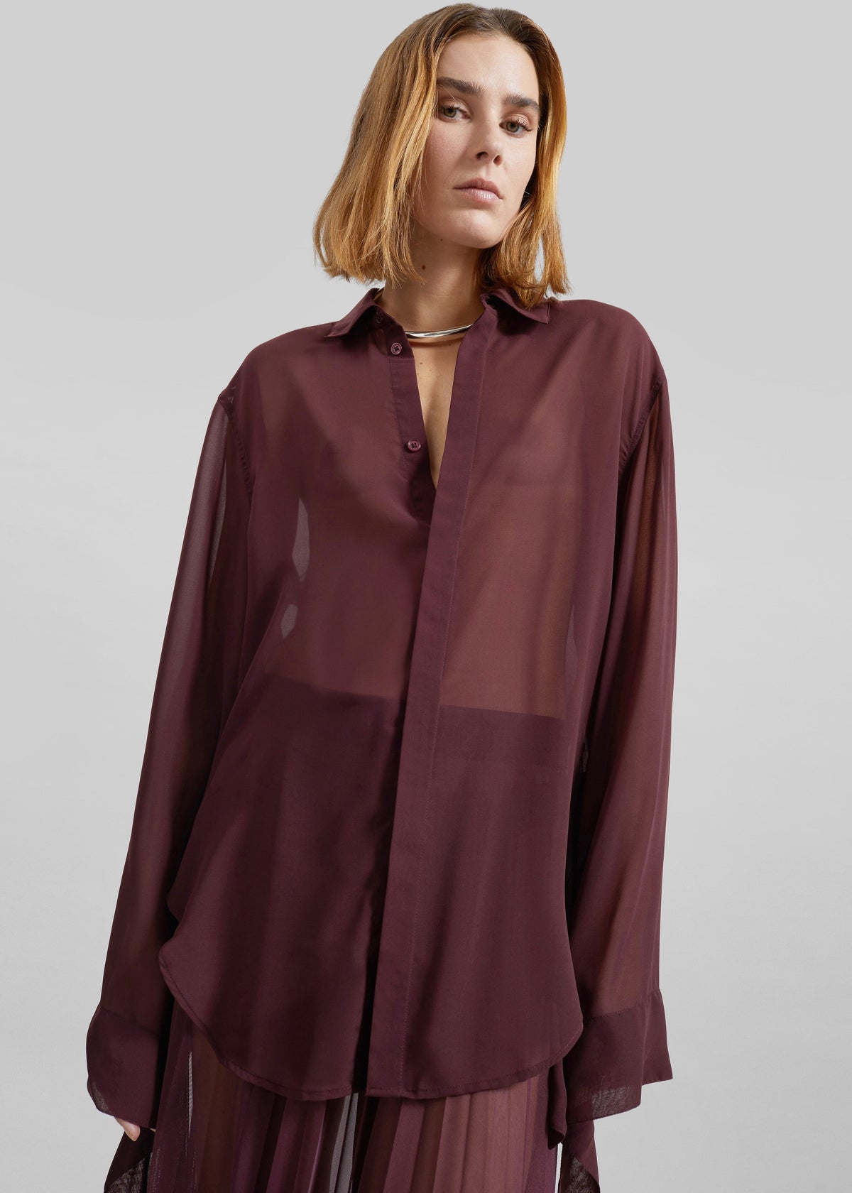 Verlin Sheer Chiffon Tie Cuff Shirt - Burgundy - 4
