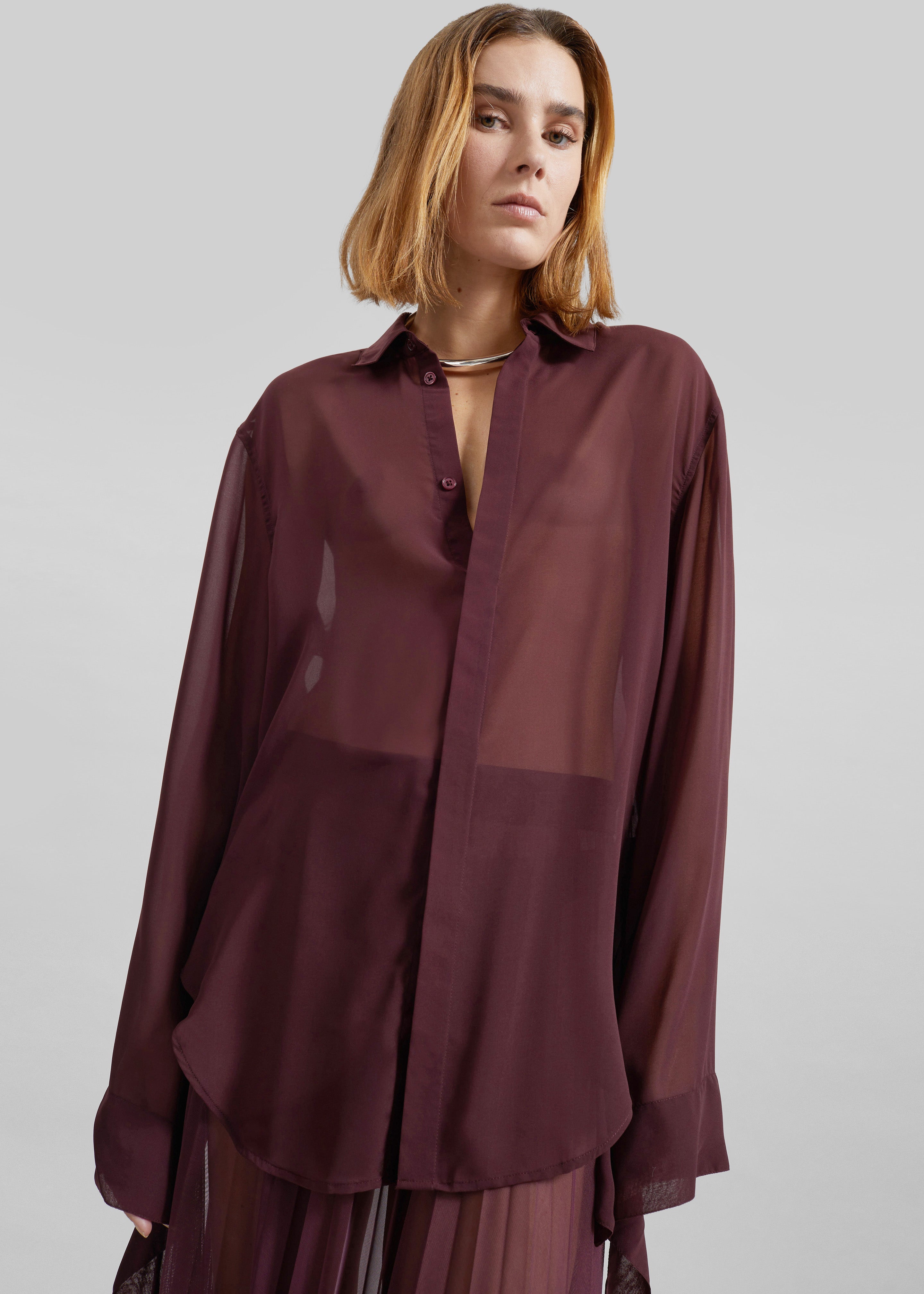 Verlin Sheer Chiffon Tie Cuff Shirt - Burgundy - 4