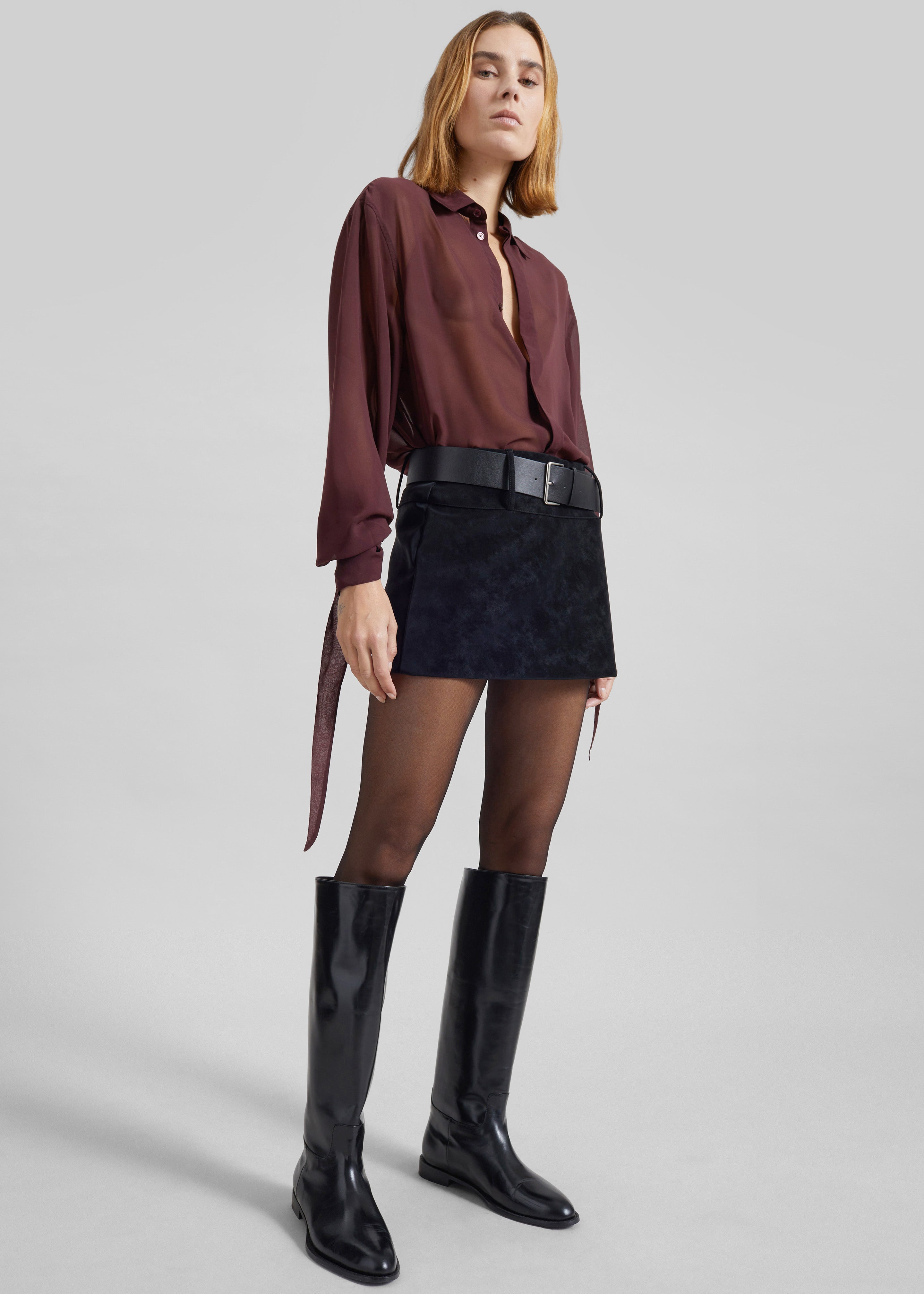 Verlin Sheer Chiffon Tie Cuff Shirt - Burgundy - 8