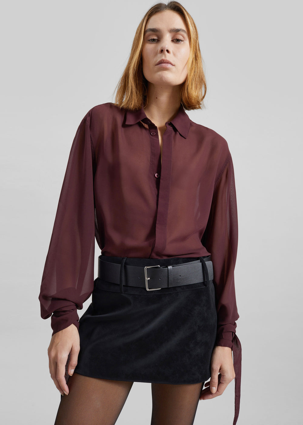 Verlin Sheer Chiffon Tie Cuff Shirt - Burgundy - 1