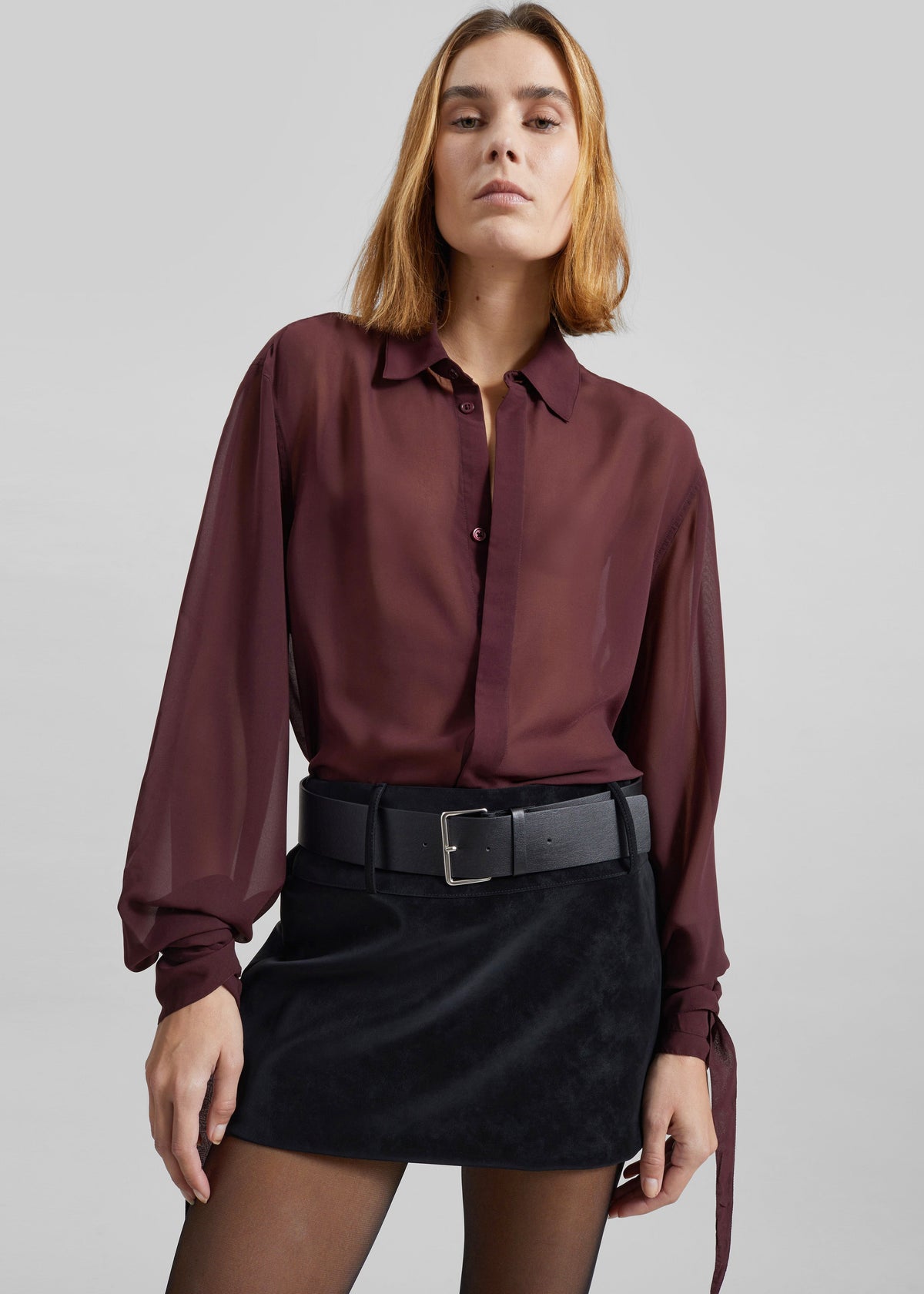 Verlin Sheer Chiffon Tie Cuff Shirt - Burgundy - 6