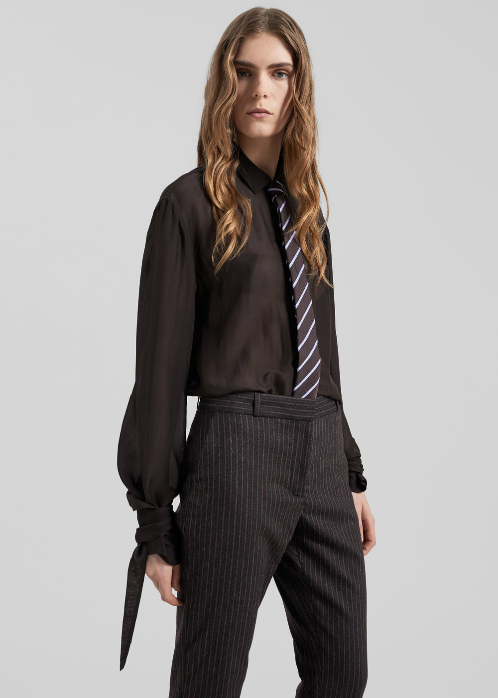 Verlin Sheer Chiffon Tie Cuff Shirt - Dark Brown