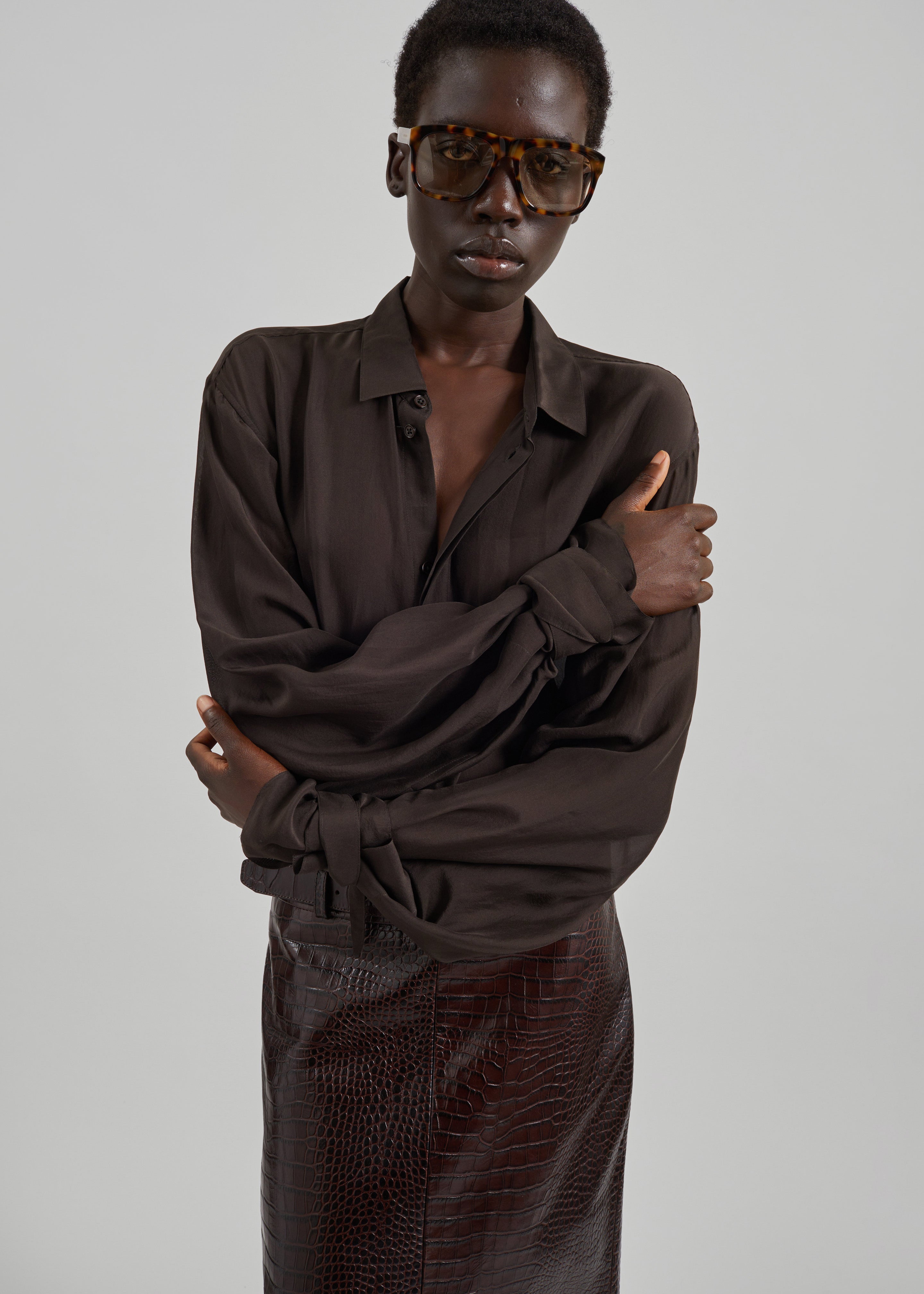 Verlin Sheer Chiffon Tie Cuff Shirt - Dark Brown - 4