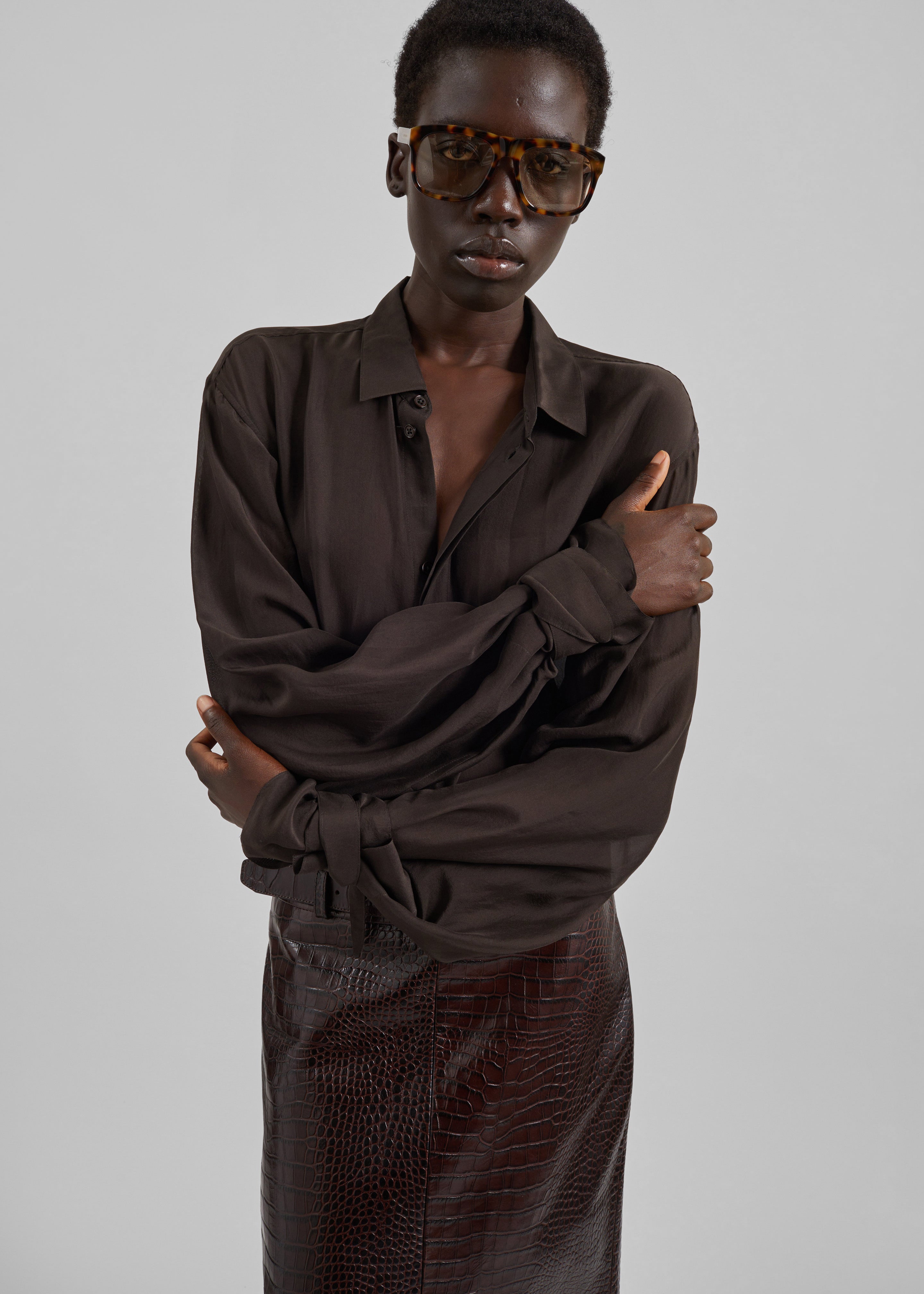 Verlin Sheer Chiffon Tie Cuff Shirt - Dark Brown – The Frankie