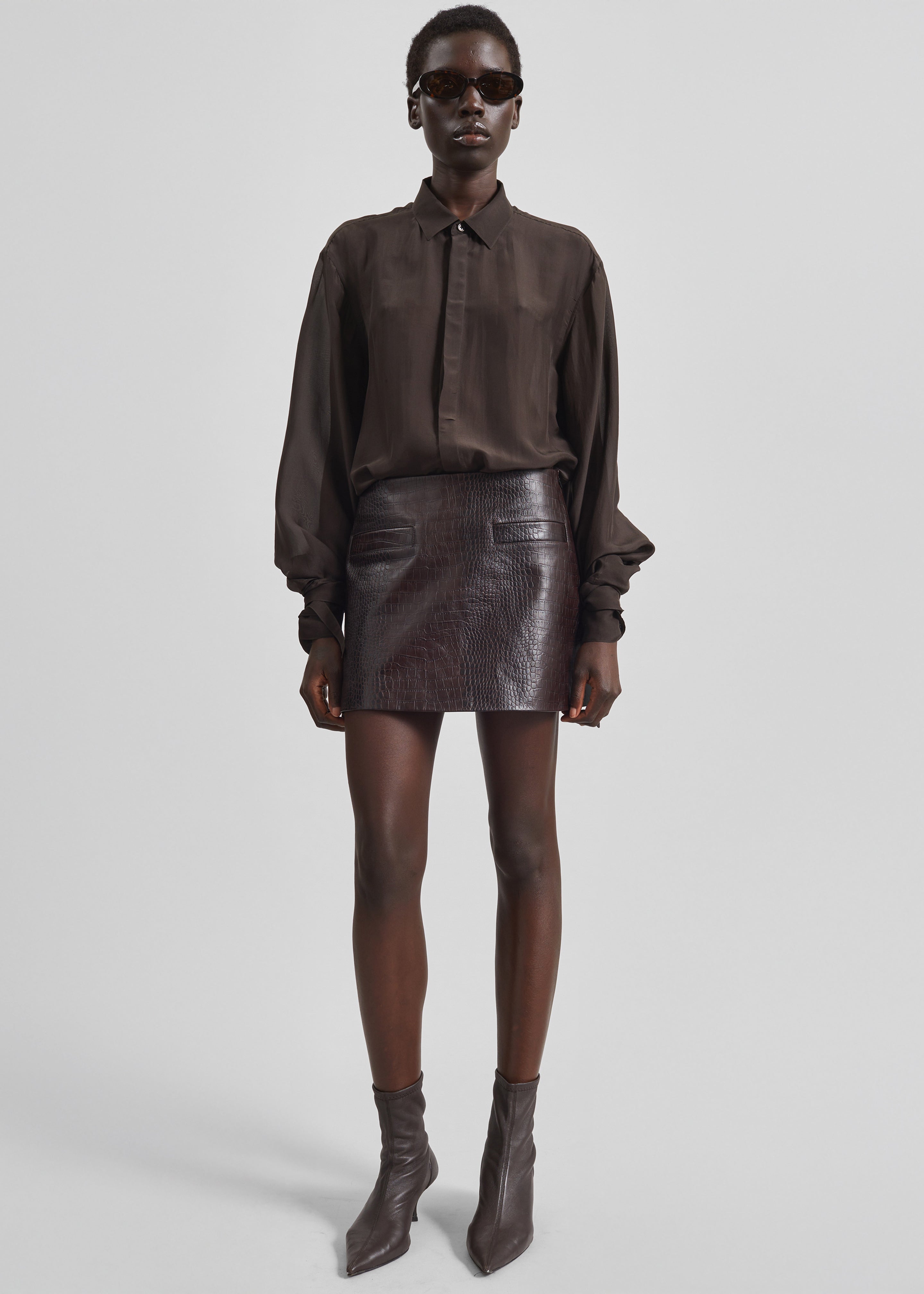 Verlin Sheer Chiffon Tie Cuff Shirt - Dark Brown - 7