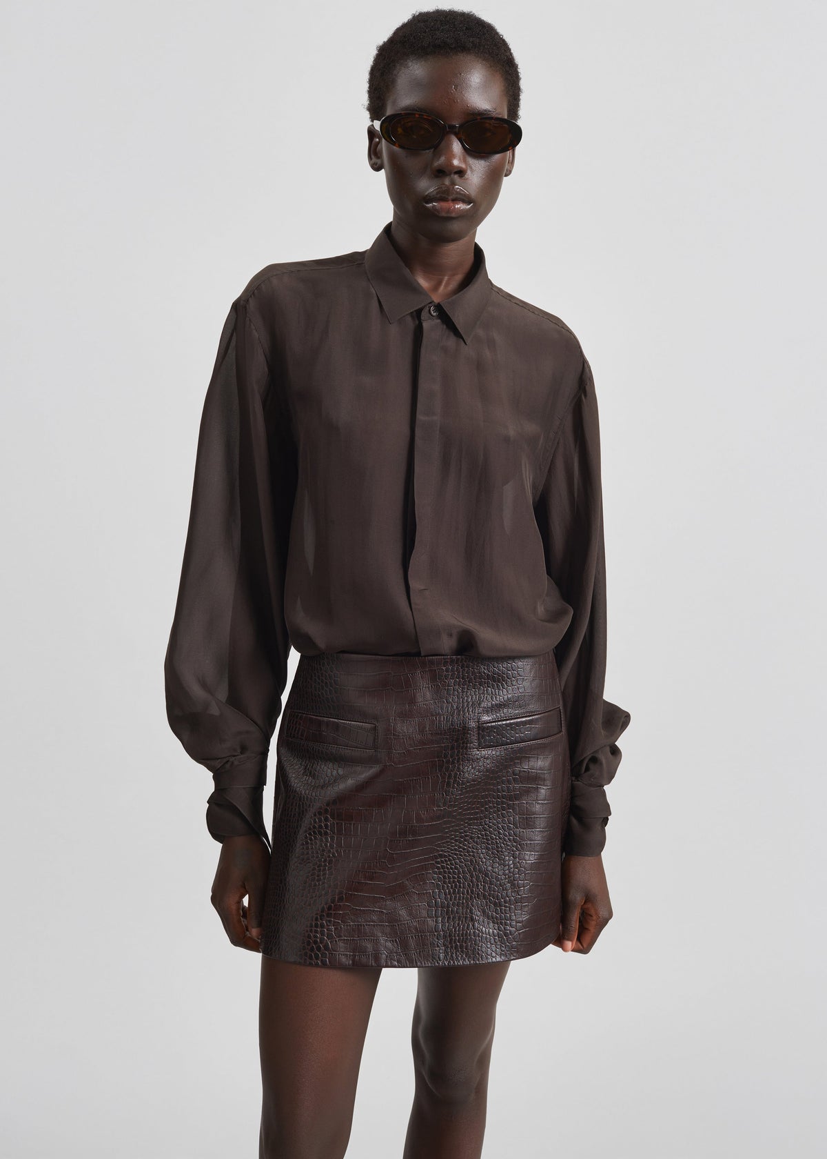 Verlin Sheer Chiffon Tie Cuff Shirt - Dark Brown - 6