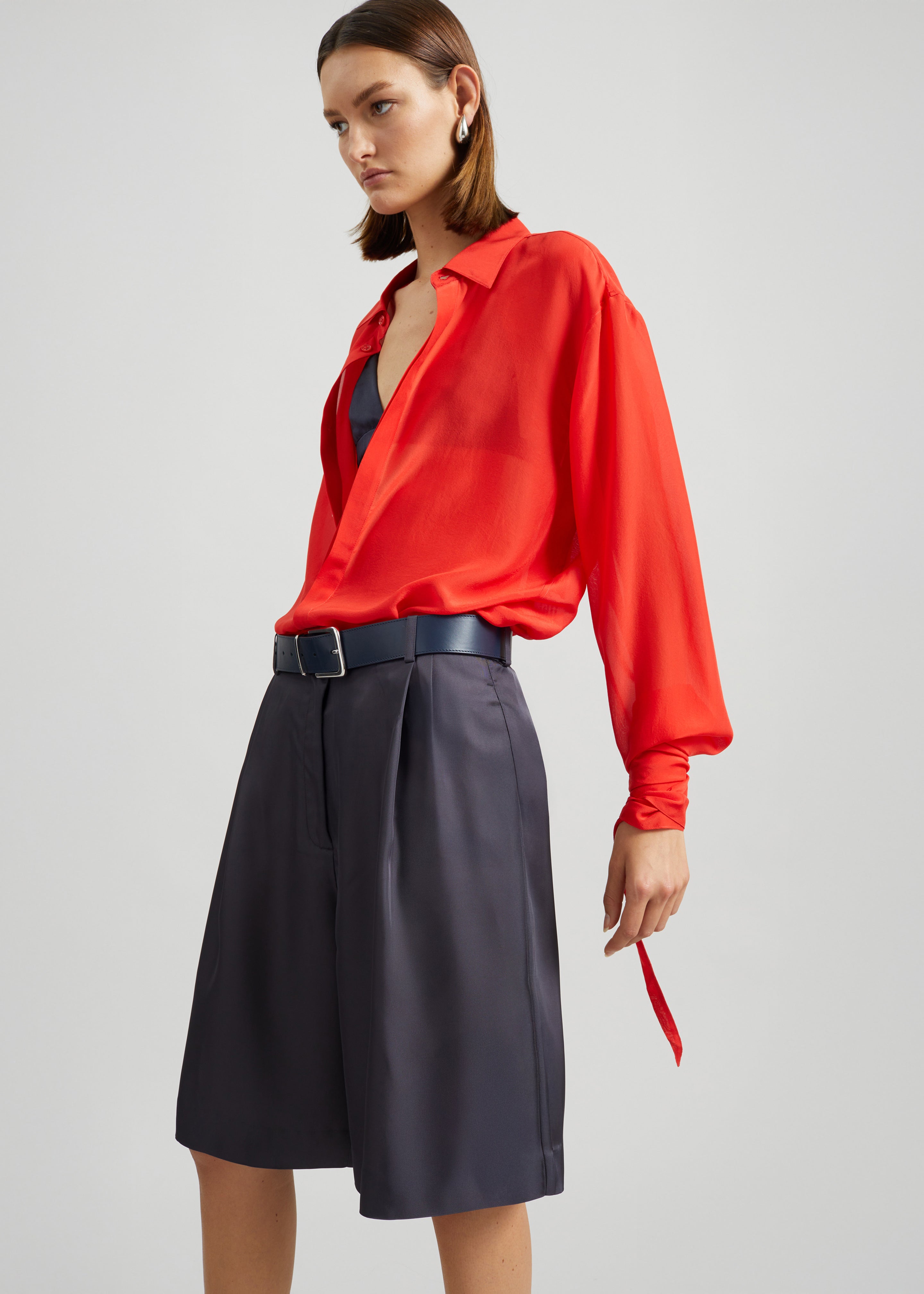 Verlin Sheer Chiffon Tie Cuff Shirt - Red - 1