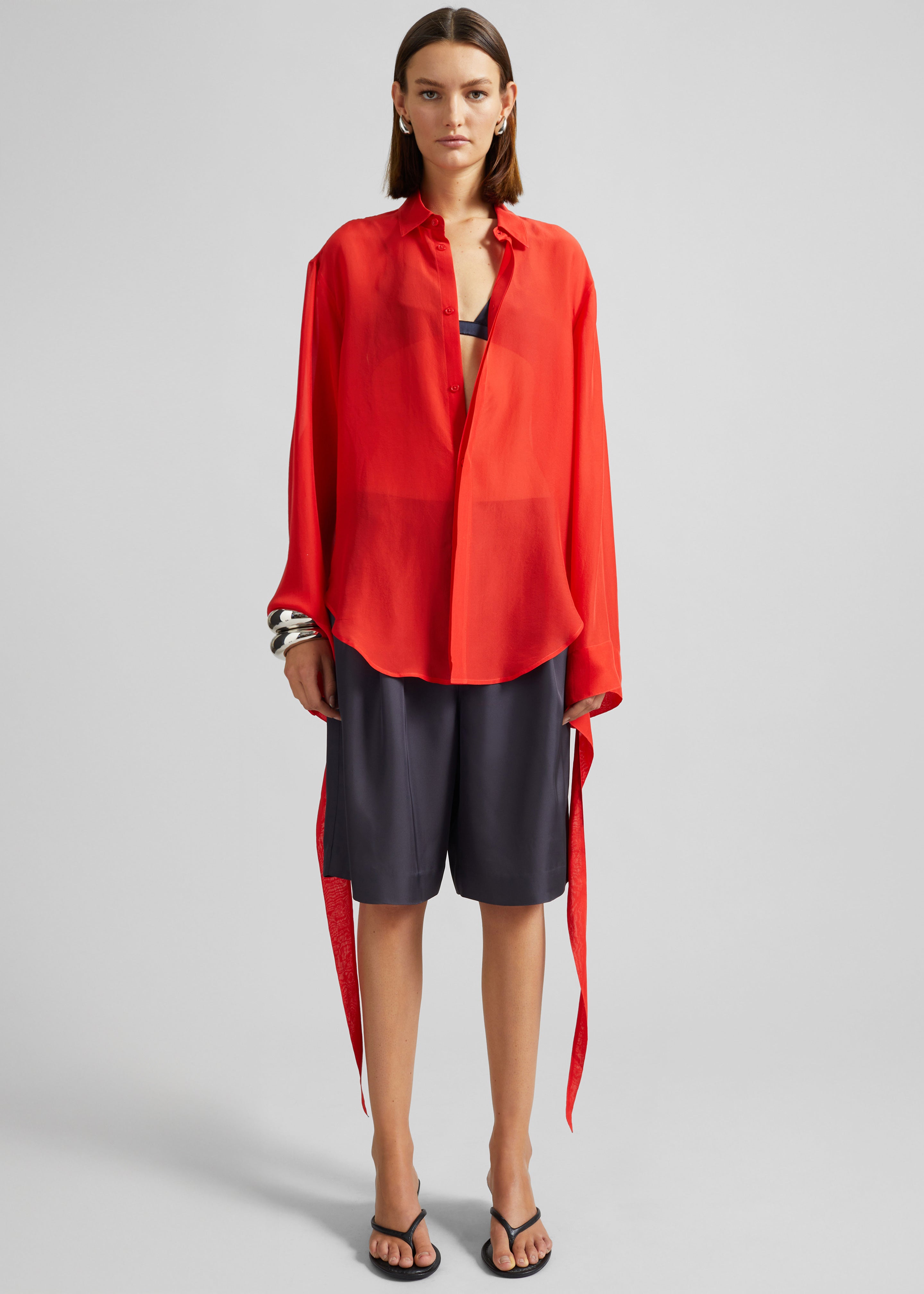 Verlin Sheer Chiffon Tie Cuff Shirt - Red - 4