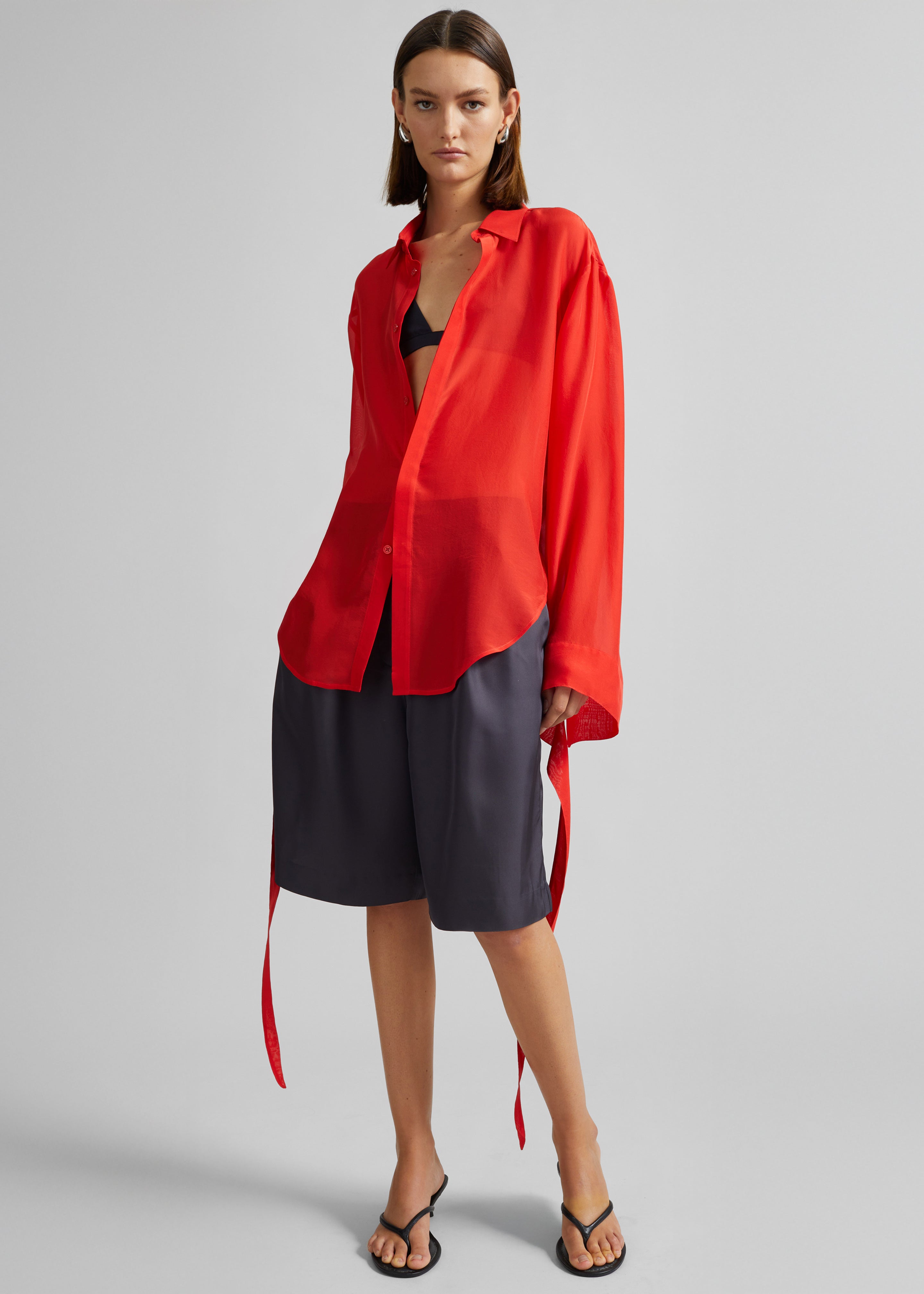 Verlin Sheer Chiffon Tie Cuff Shirt - Red - 2