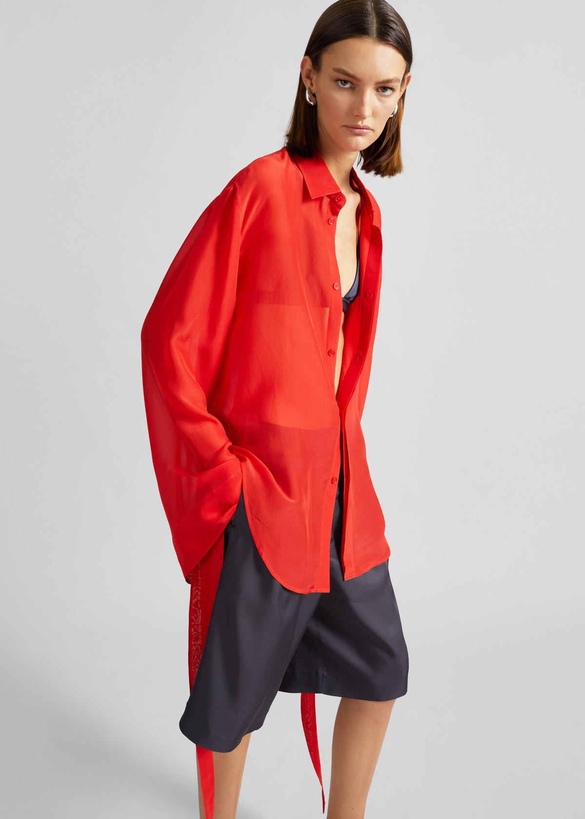 Verlin Sheer Chiffon Tie Cuff Shirt - Red - 3