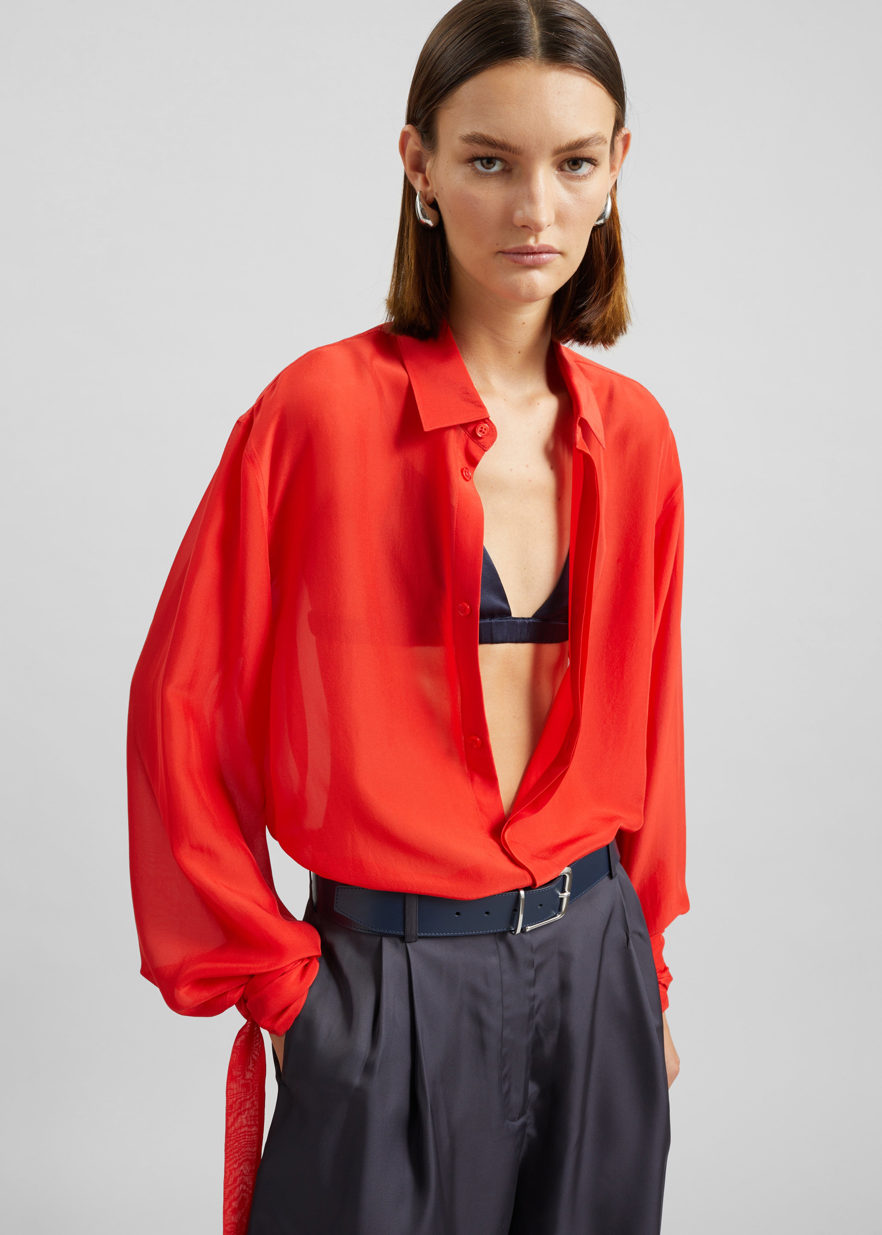 Verlin Sheer Chiffon Tie Cuff Shirt - Red - 5