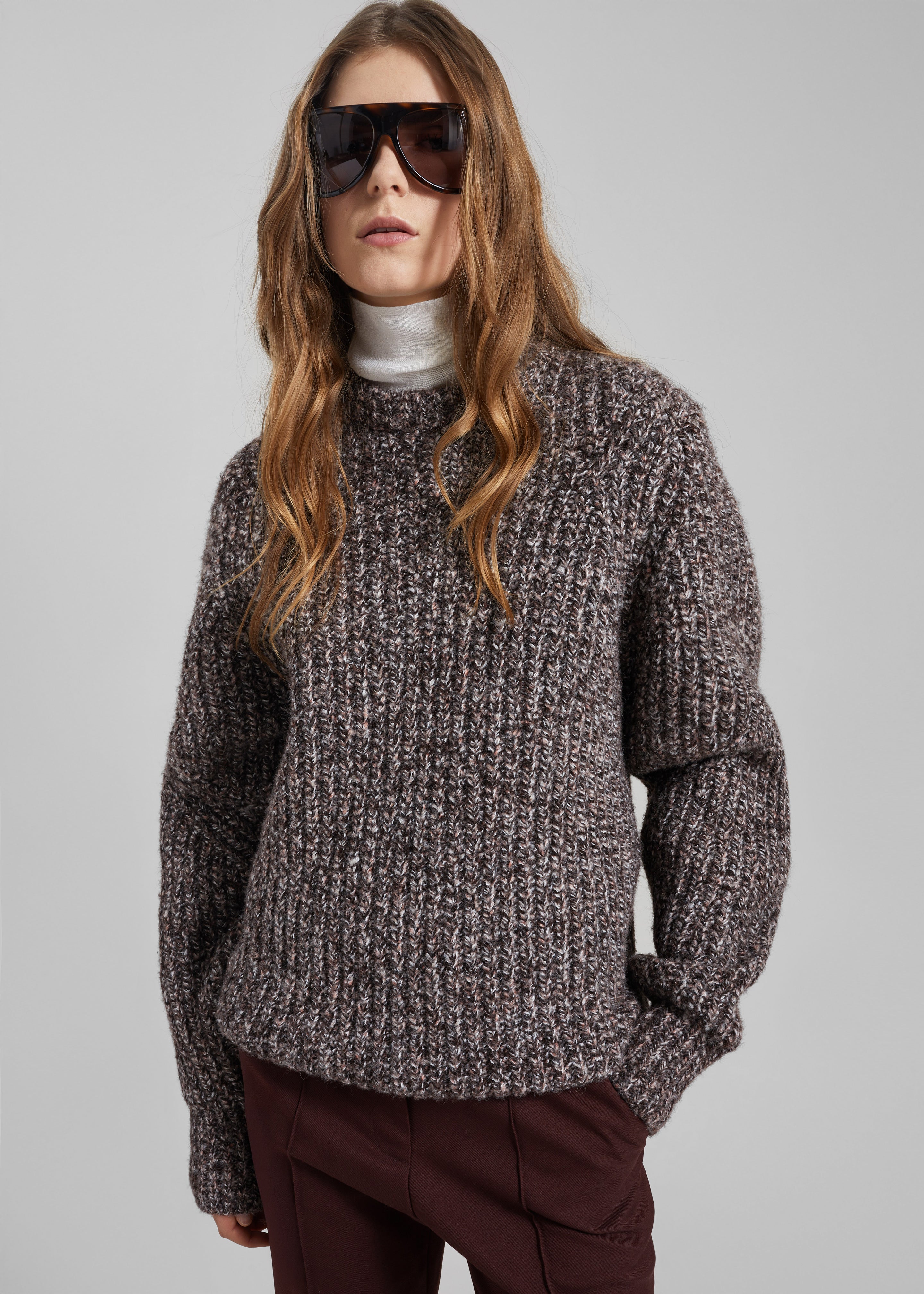Vezia Chunky Knit Sweater - Brown Melange - 1