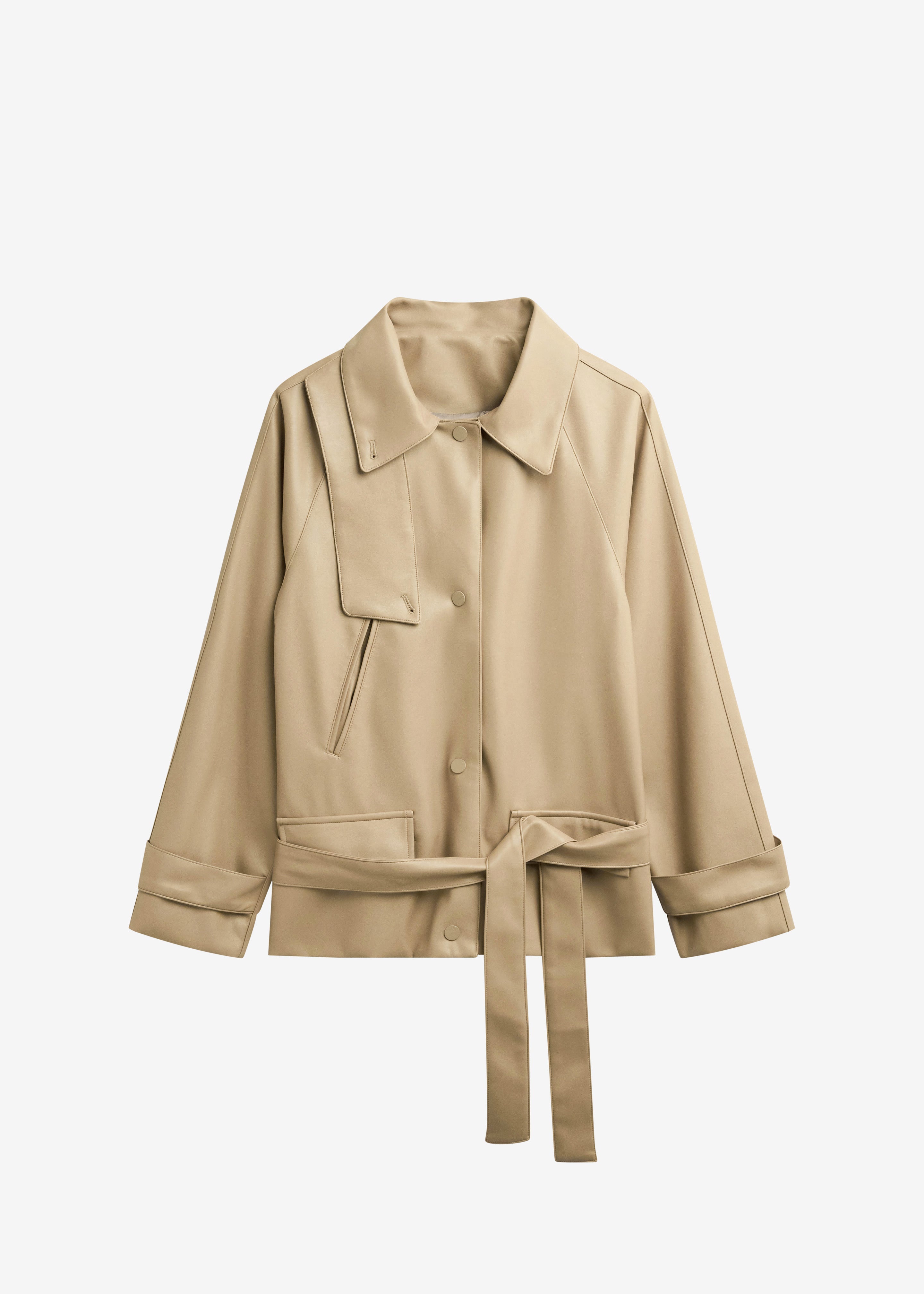 Viran Faux Leather Belted Jacket - Beige - 8