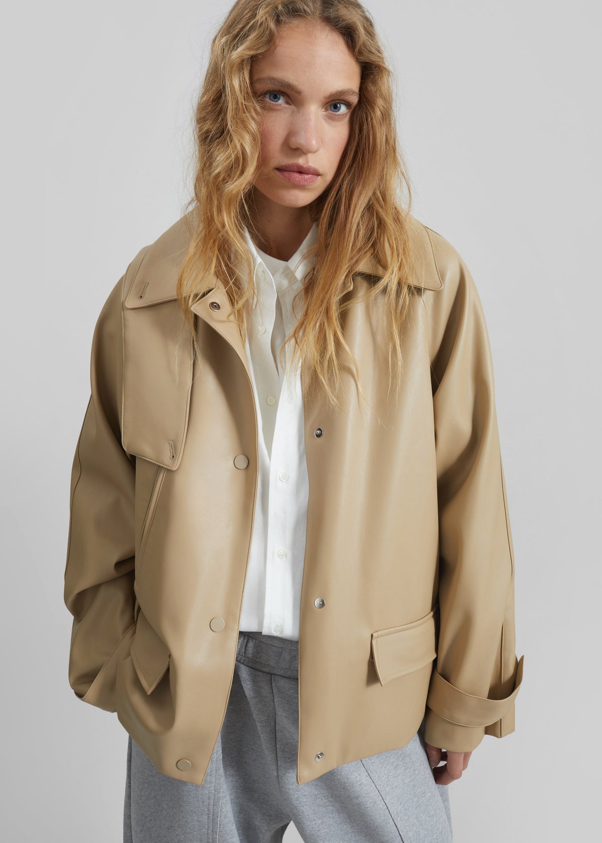 Viran Faux Leather Belted Jacket - Beige - 3