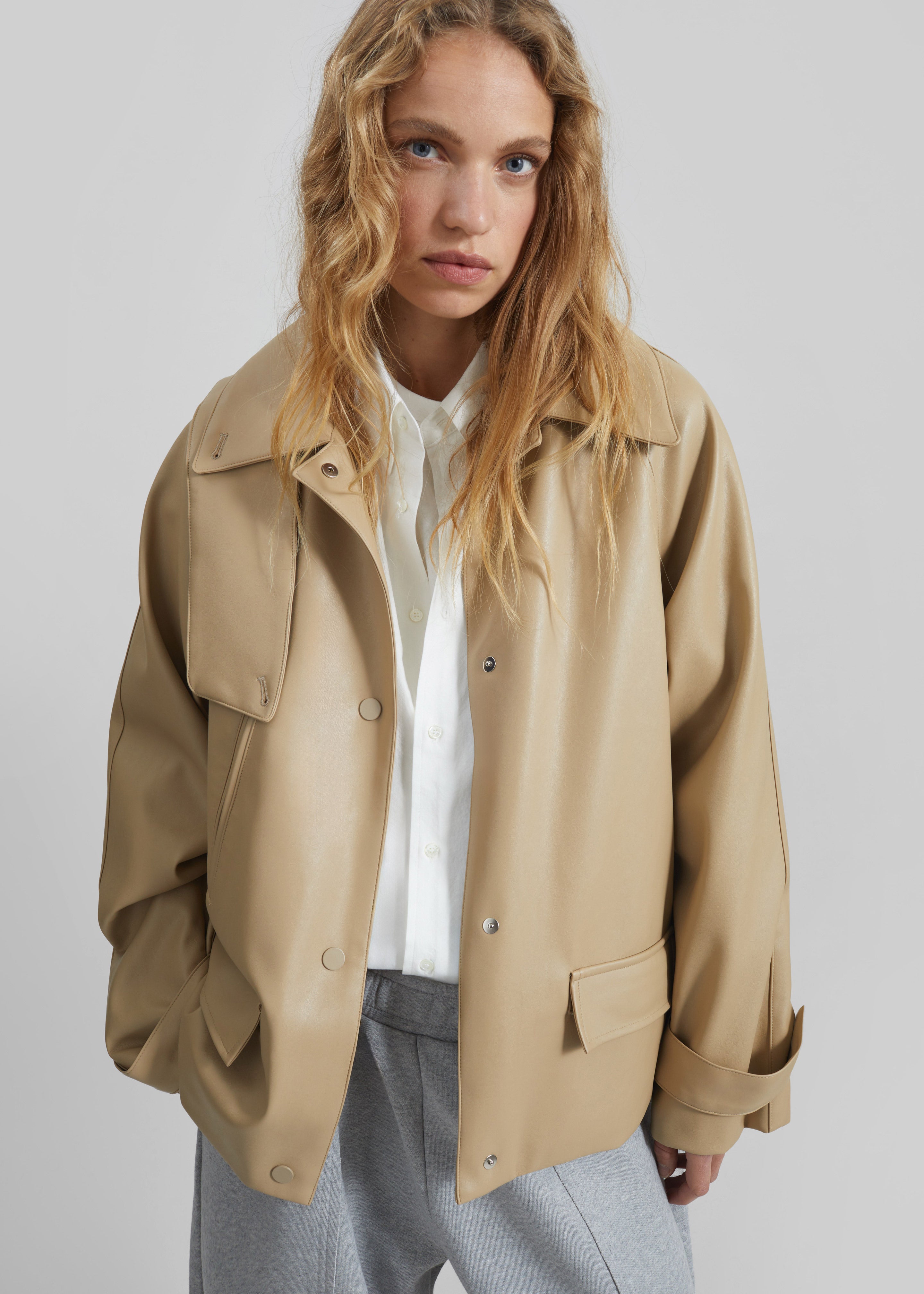 Viran Faux Leather Belted Jacket - Beige - 3