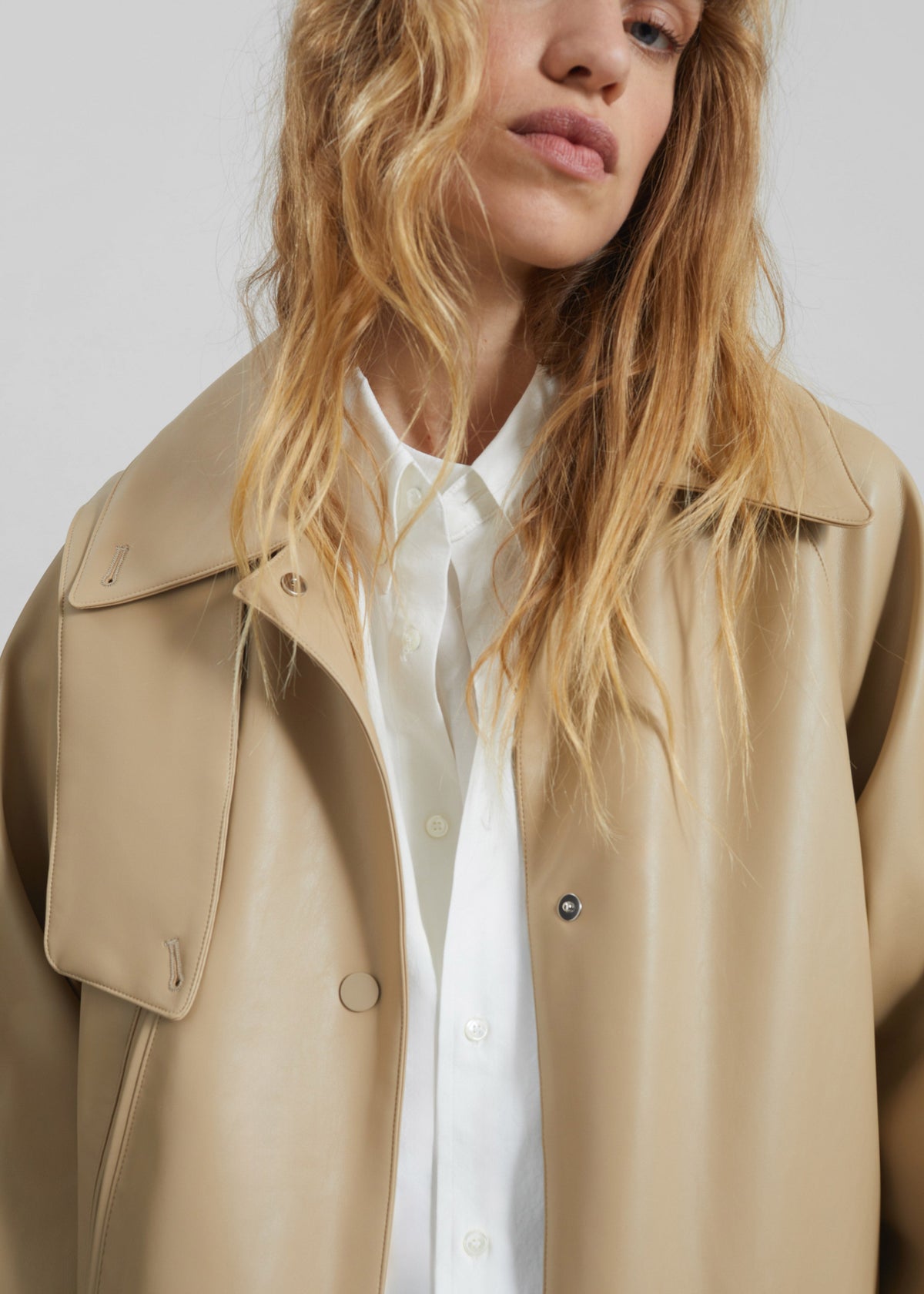 Viran Faux Leather Belted Jacket - Beige - 6