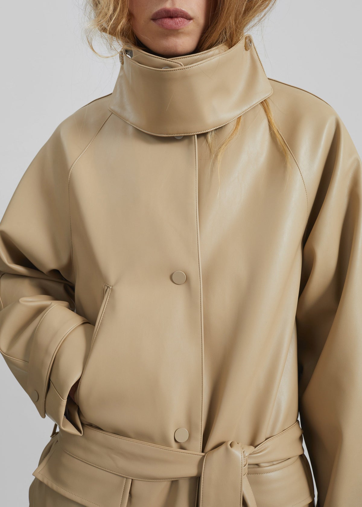 Viran Faux Leather Belted Jacket - Beige - 5