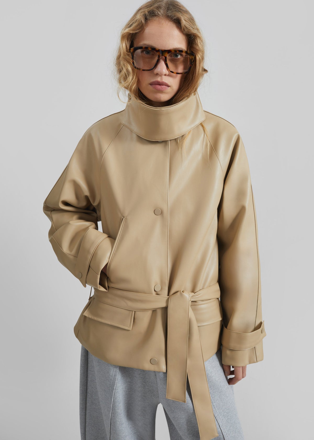 Viran Faux Leather Belted Jacket - Beige - 2