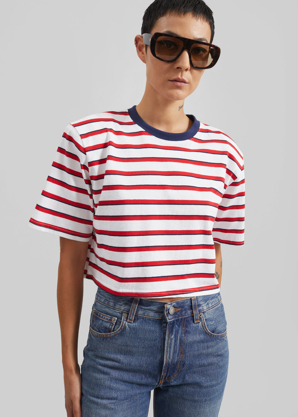 Viseu Cropped Tee - White/Red Stripe