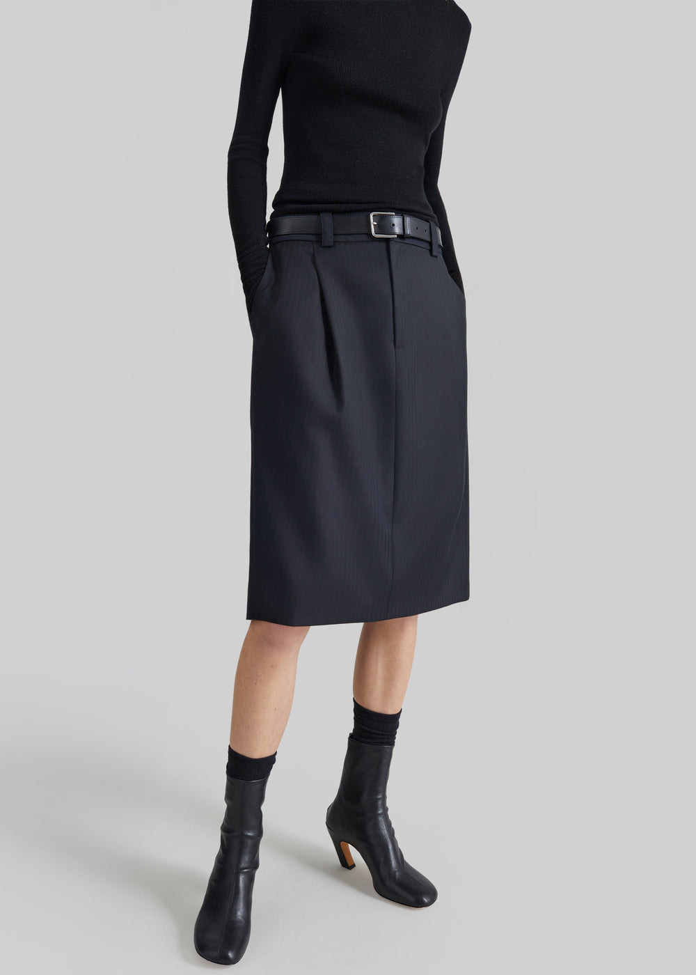 Viviana Chevron Tailored Midi Skirt - Black - 1