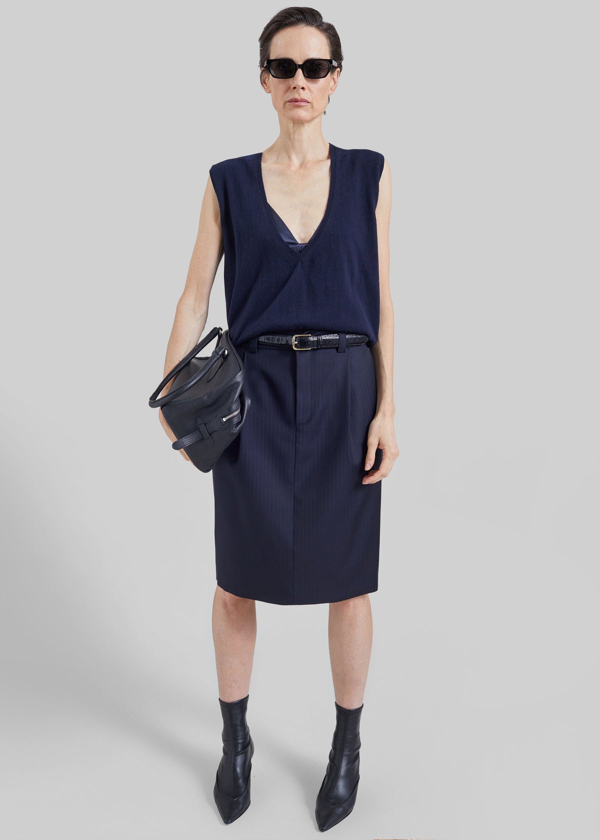 Gonna midi sartoriale Viviana con motivo chevron - Blu navy scuro