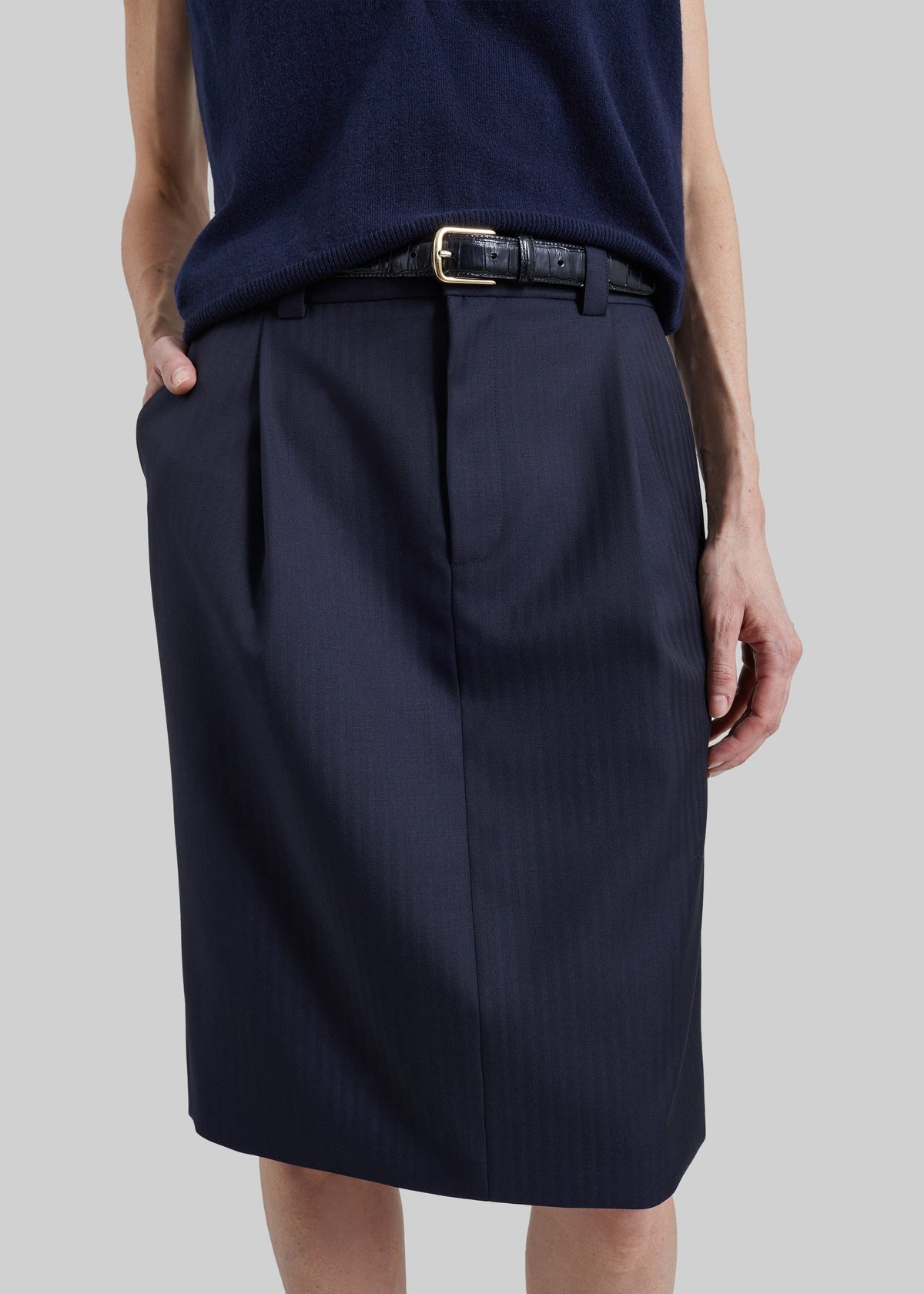 Gonna midi sartoriale Viviana con motivo chevron - Blu navy scuro