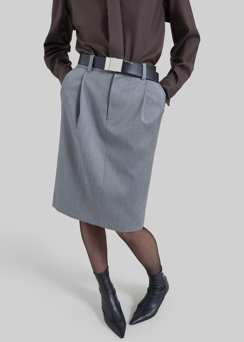 Viviana Chevron Tailored Midi Skirt - Grey