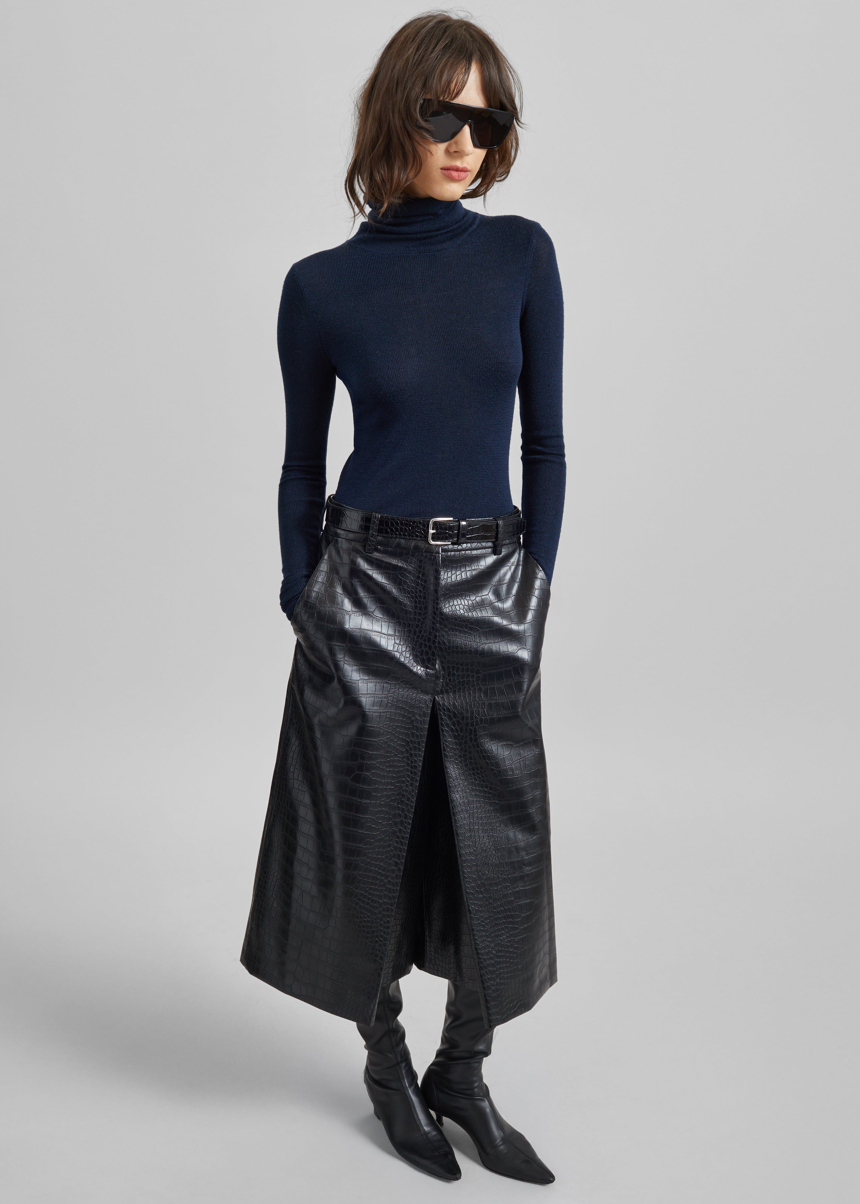 Vivonne Croc Faux Leather Culottes - Black - 4