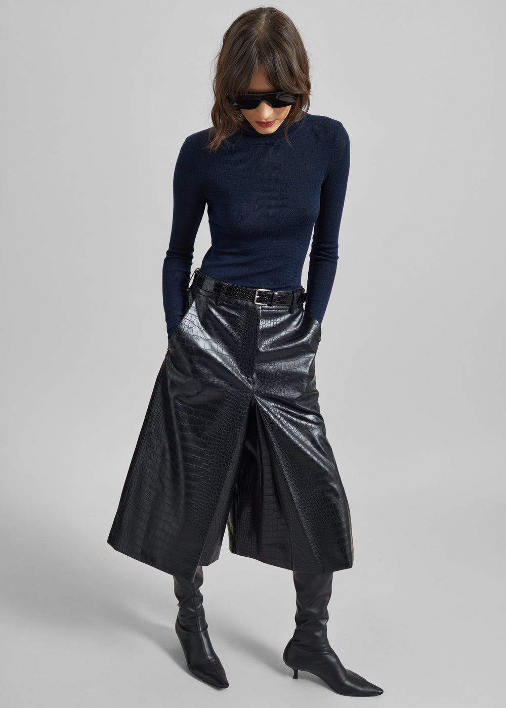 Vivonne Croc Faux Leather Culottes - Black