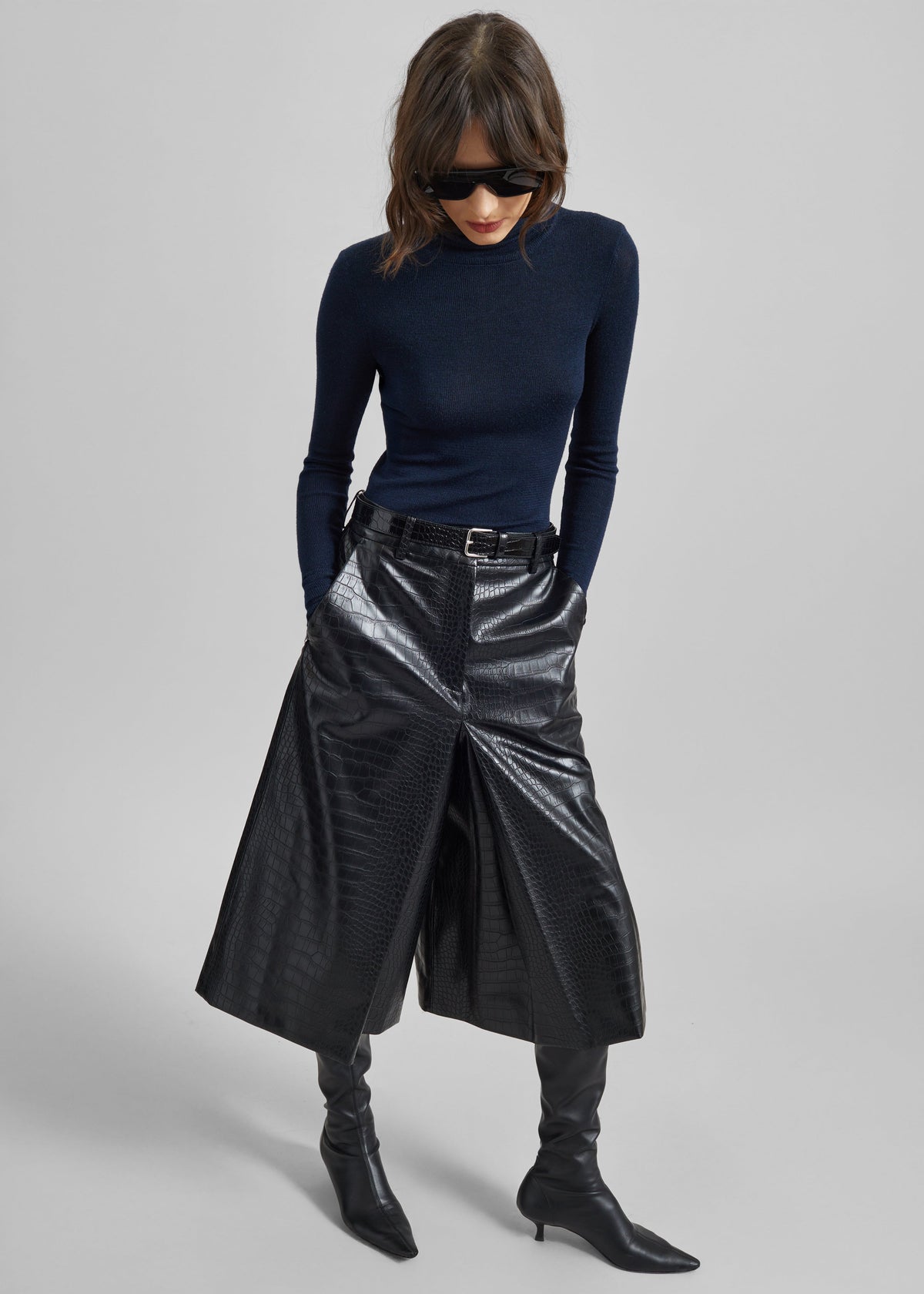 Vivonne Croc Faux Leather Culottes - Black - 1