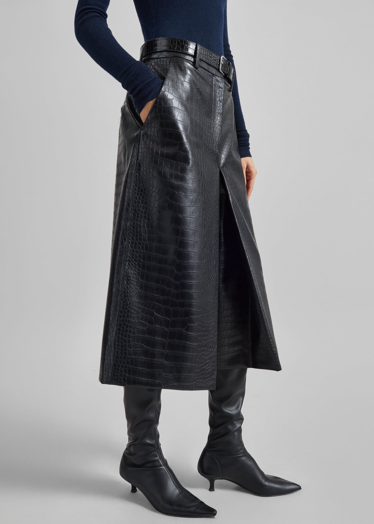 Vivonne Croc Faux Leather Culottes - Black - 3