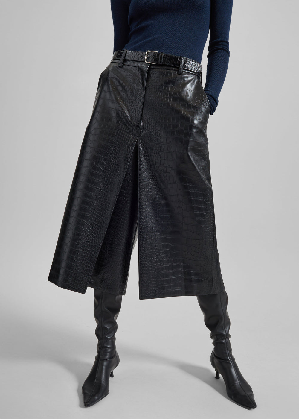 Vivonne Croc Faux Leather Culottes - Black - 1