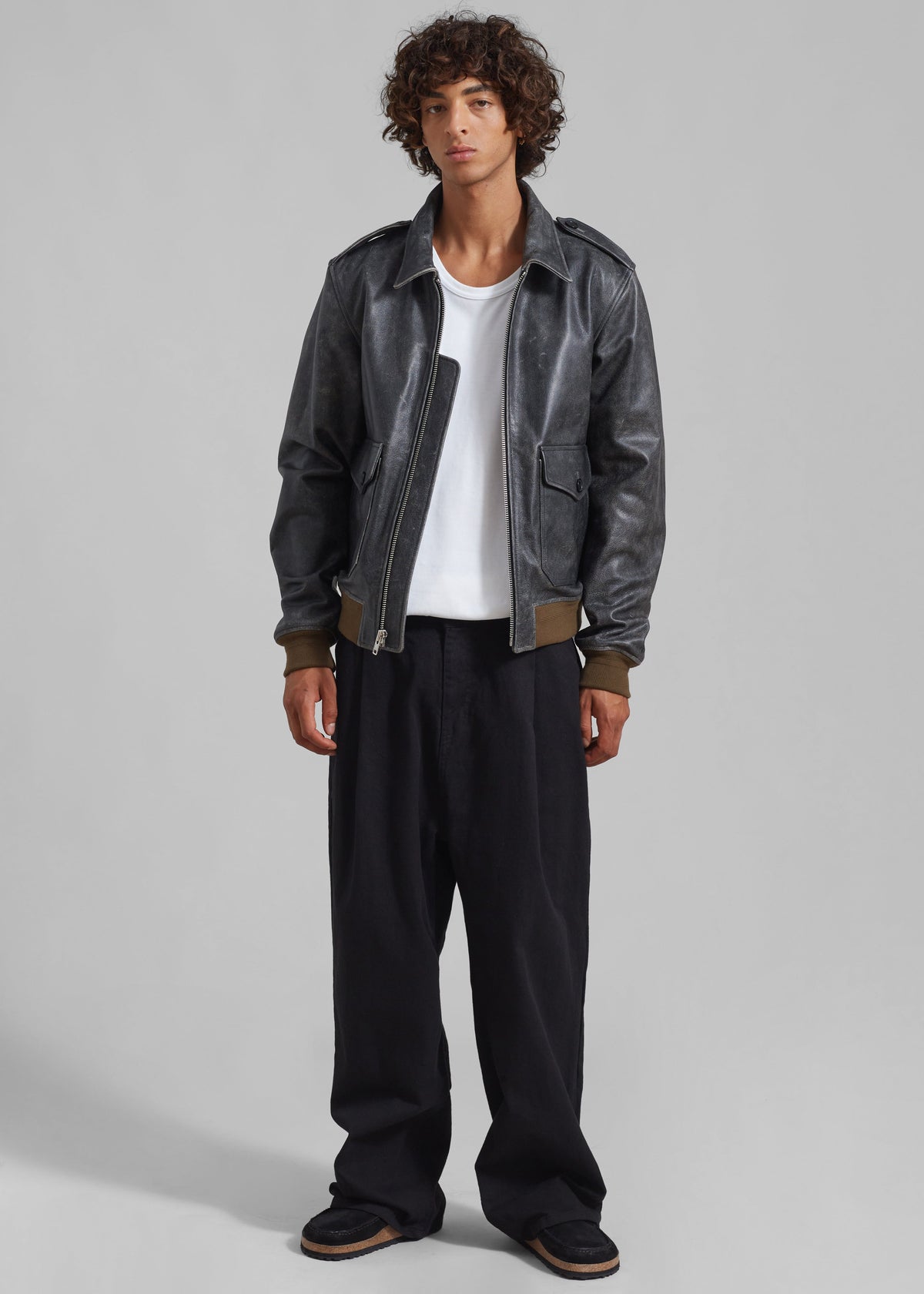 Shop the look image for Wyatt Leather Bomber Jacket - Charcoal