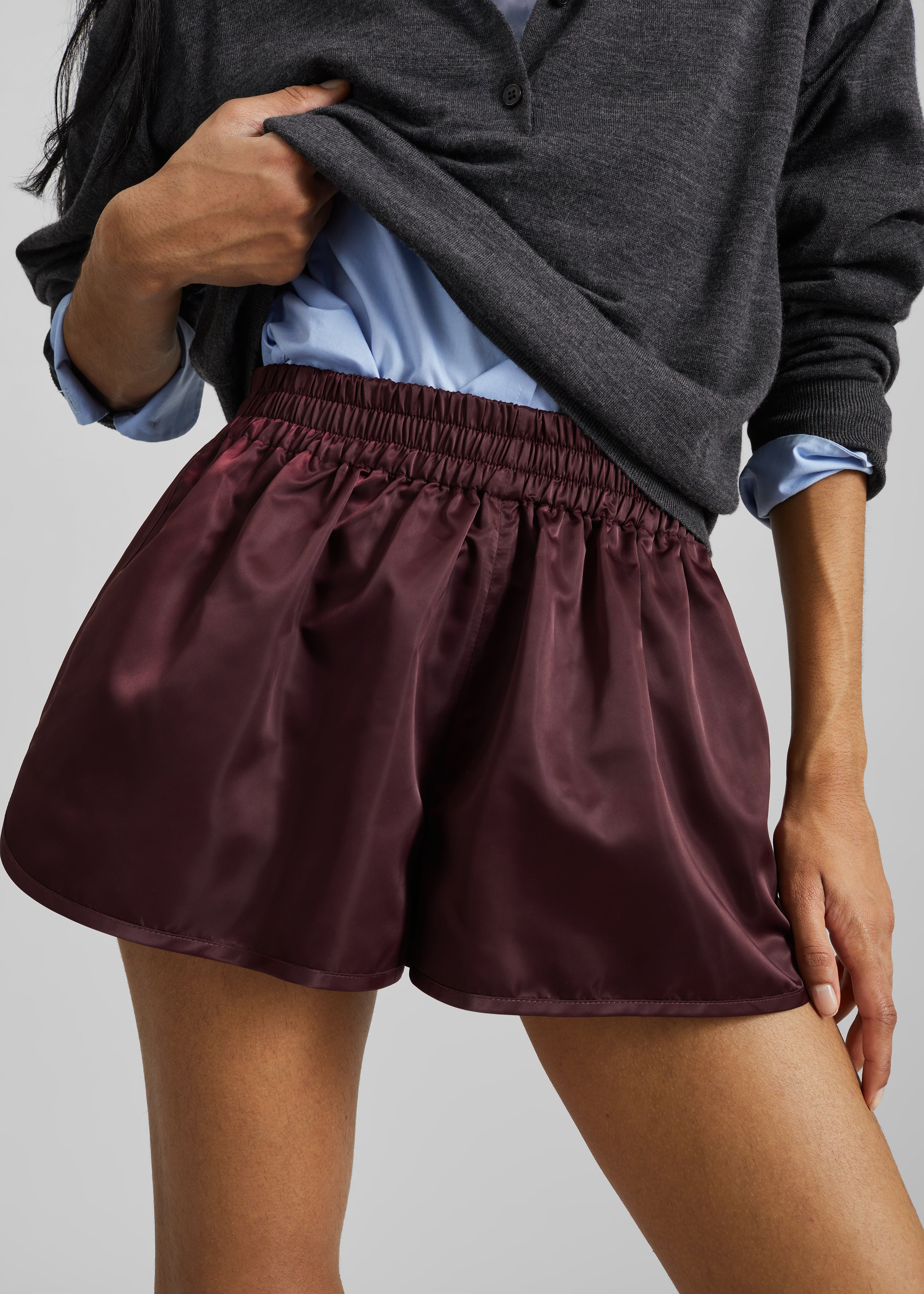 Zafra Satin Mini Shorts - Dark Plum - 2