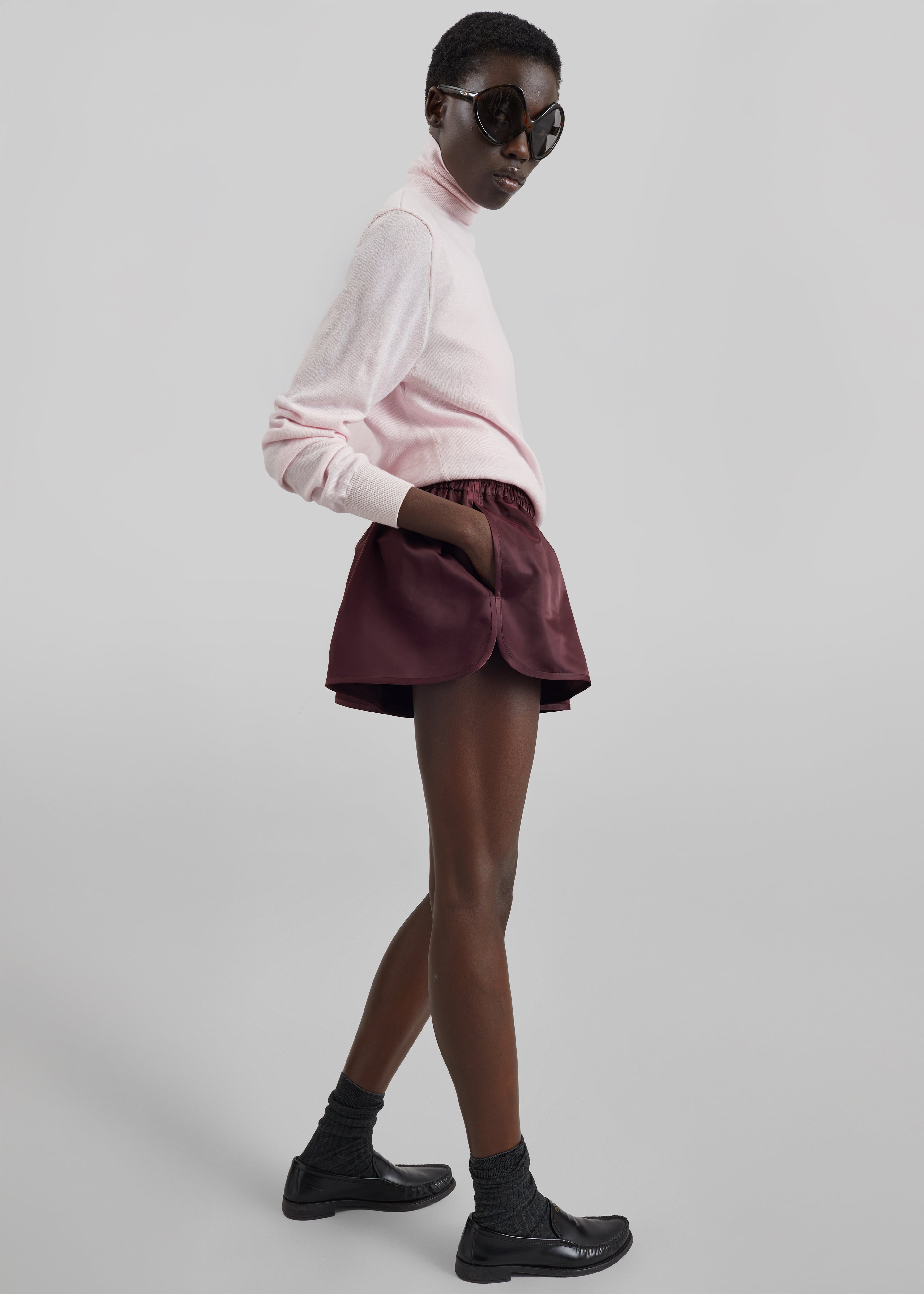 Zafra Satin Mini Shorts - Dark Plum - 4