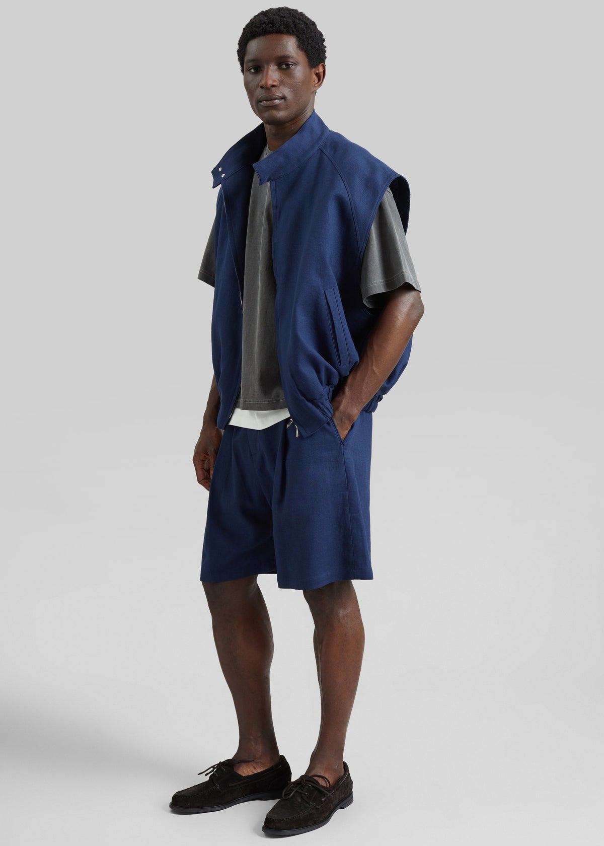 Zave Linen Sleeveless Jacket - Navy - 1