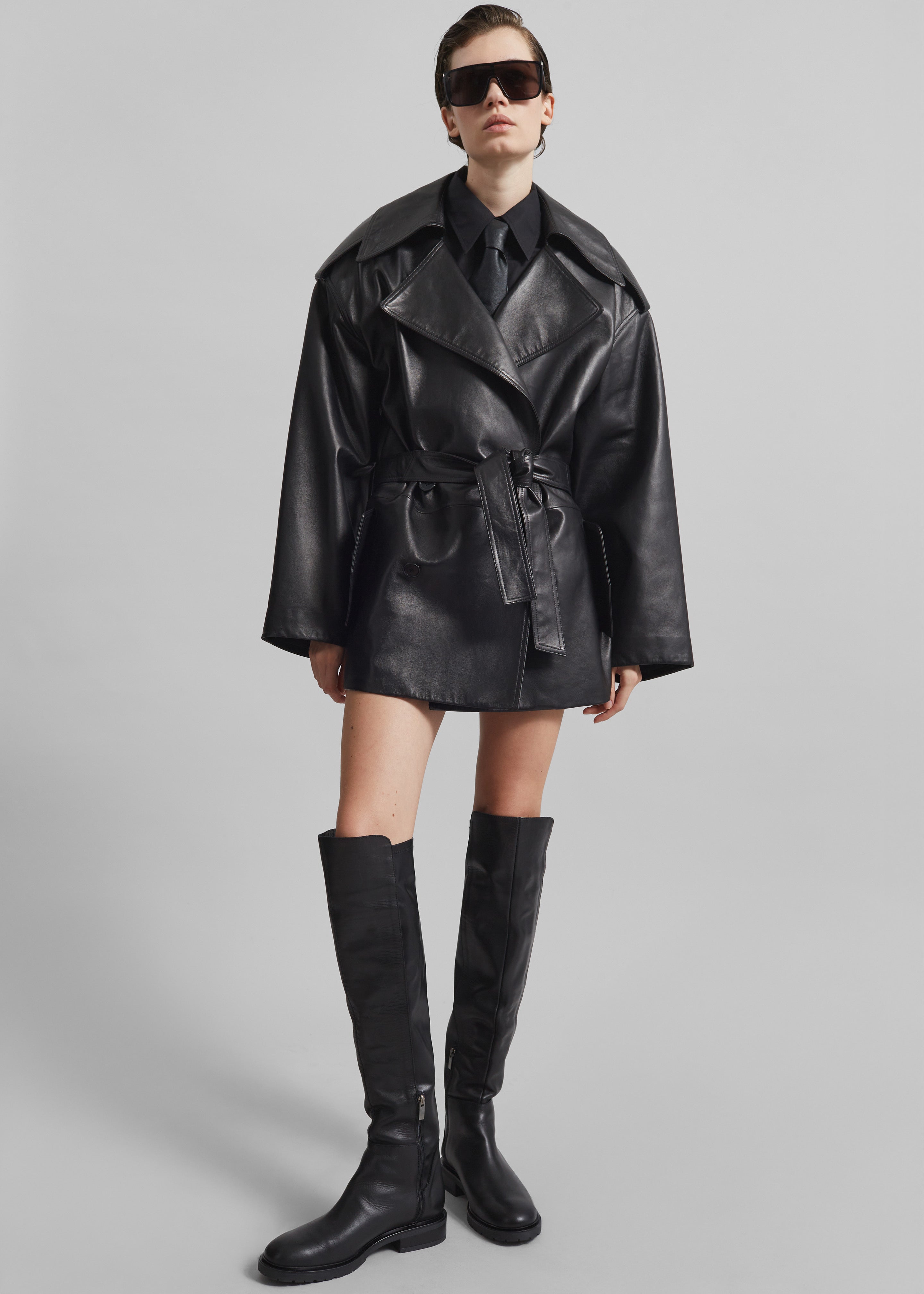 Zurich Oversized Faux Leather Short Trench - Black - 3