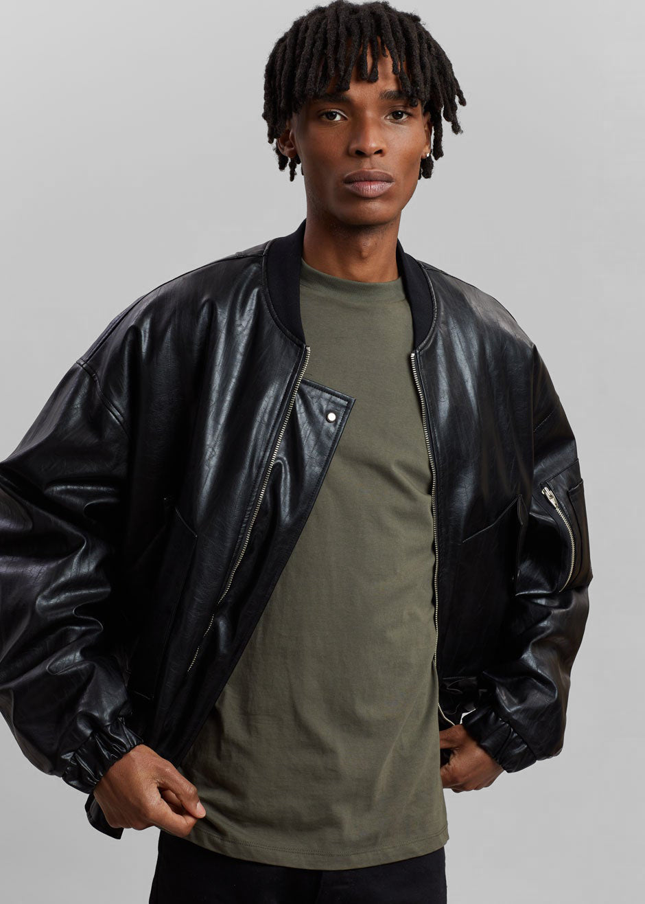 Hane Faux Leather Bomber - Black - 11